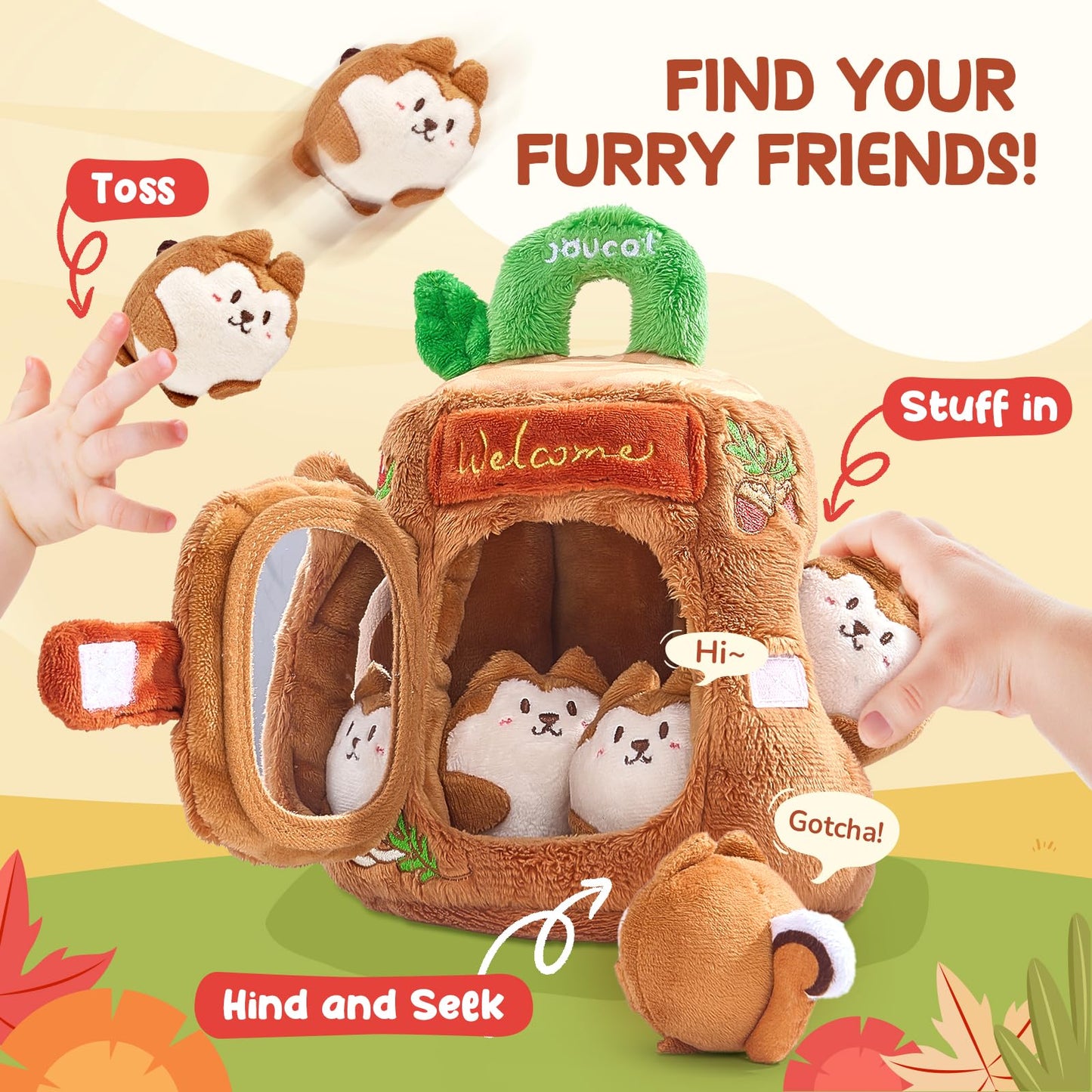JoyCat Baby Toys 6-12 Months - Soft Baby Treehouse with 5 Sensory Squirrels - Rattle, Crinkle Paper, Squeaker, Mirror, Busy Montessori Soft Toys for Toddlers 0-3 Years Old - Easter Basket Stuffers