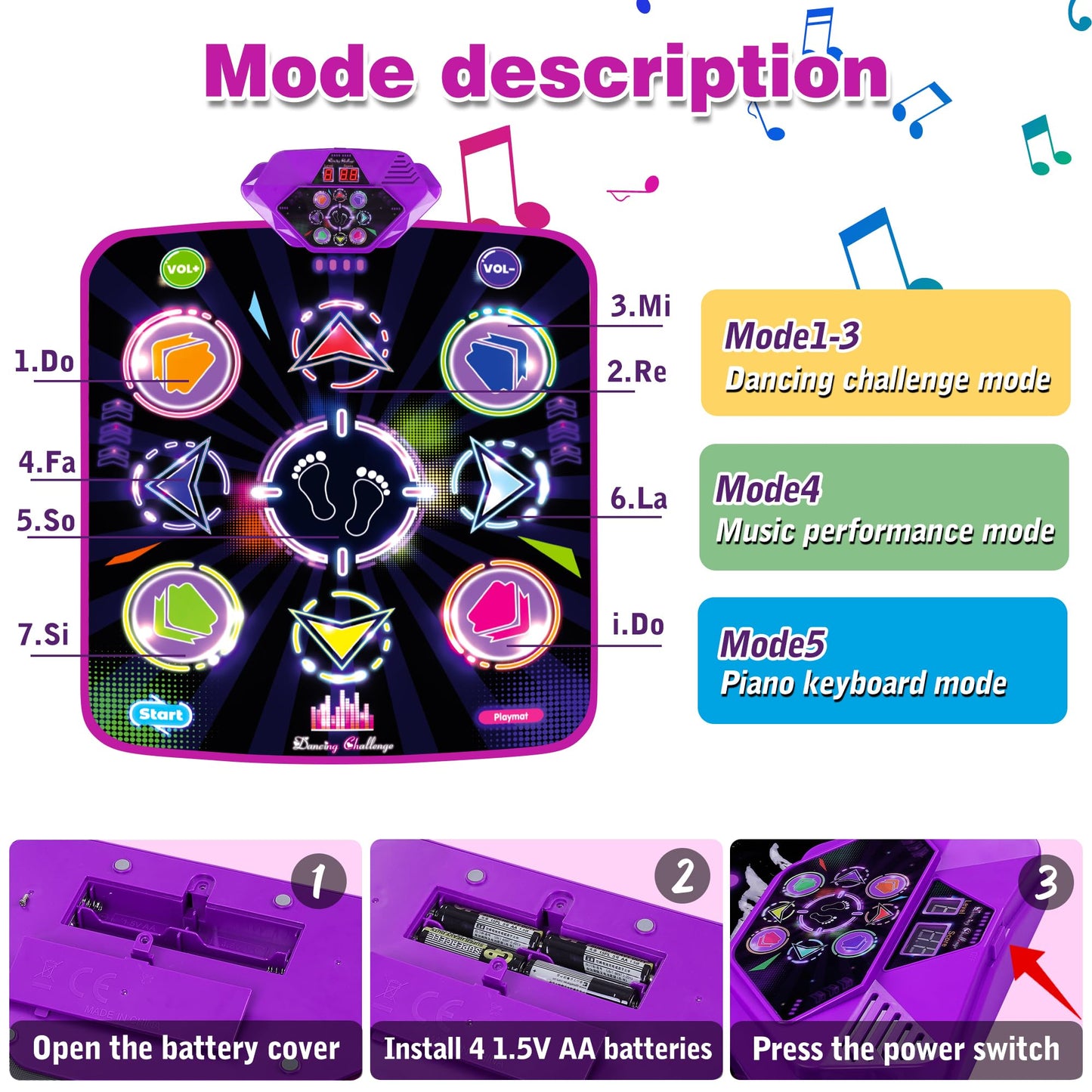 Kusntin Dance Mat, Dance Mixer Rhythm Step Play Mat, Pink Dance Pad with LED Lights, Adjustable Volume, Built-in Music, 5 Game Modes, Xmas Birthday Gifts for 3-10 Years Girls Toys (Purple-Black)