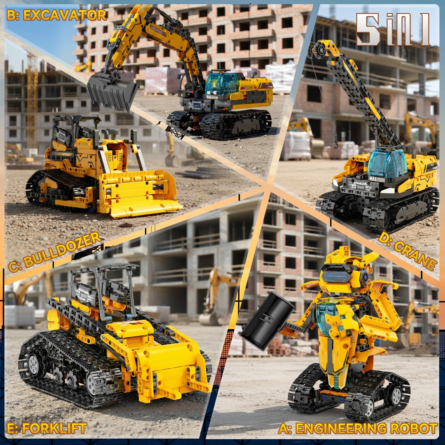 5in1 STEM Robot Building Toys for Kids 6-12, App & Remote Control STEM Excavator Bulldozer Crane Robot Building Kits, 736PCS DIY Educational Construction Building Sets, Erector Set Gift for Boys Girls