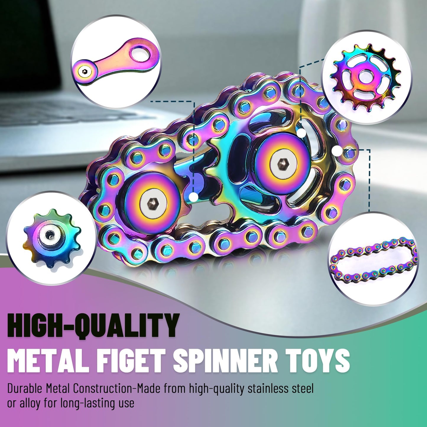Metal Fidget Spinner Toys for Teens Boys Adults Bike Chain Roller Gadgets ADHD Figette Anxiety Stress Relief Items Quiet Figet Desk Offices EDC Men Easter Basket Stuffer - Rainbow+Blue