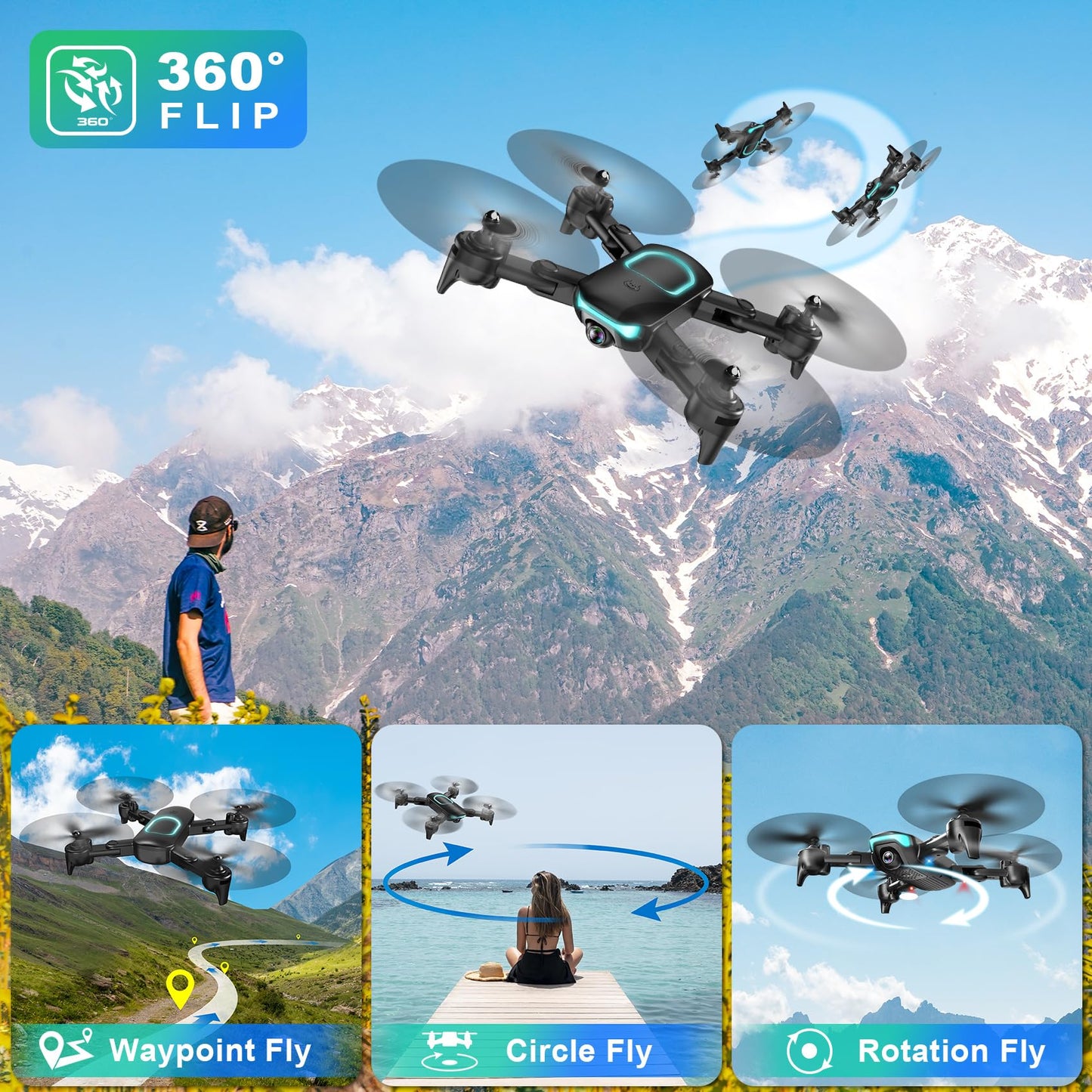 Drone with Camera, Foldable Drone for Beginners with 1080P Camera, Upgrade Altitude Hold, Circle/Rotating/Waypoint Fly, 3D Flip, One Key Start, 3 Speed Mode, 2 Batteries