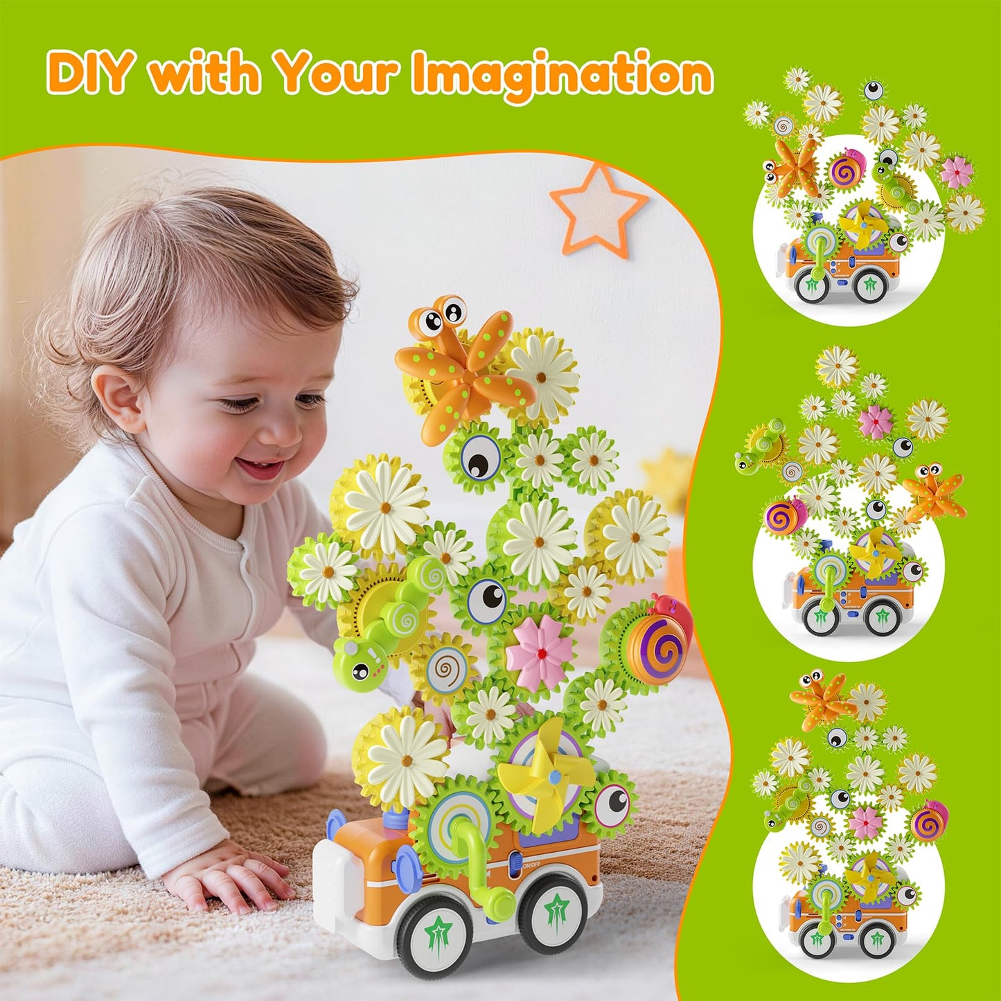 Gears Building Toys for Kids Ages 3+, STEM Construction Set for Toddlers, Train and Flower Models with Electric & Manual Modes, Lights and Music, DIY Educational Learning Toys Gift for Boys and Girls