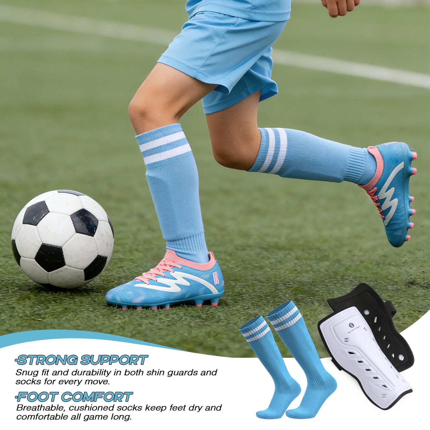brooman Kids Firm Ground Soccer Cleats Boys Girls Football Shoes with Shin Guards and Soccer Socks (5,Blue Pink)