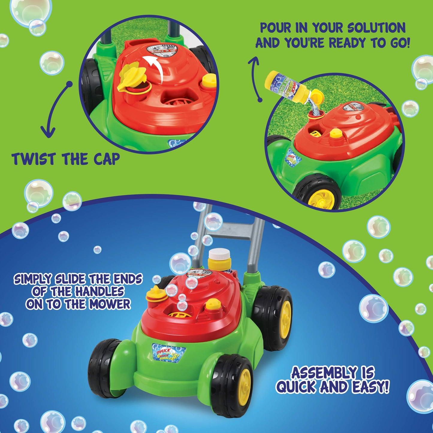 Maxx Bubbles Bubble-N-Go Mower, Includes 4oz Bubble Solution, Bubble Lawn Mower for Toddlers, Outdoor Bubble Toy for Kids, No Batteries Required, Red