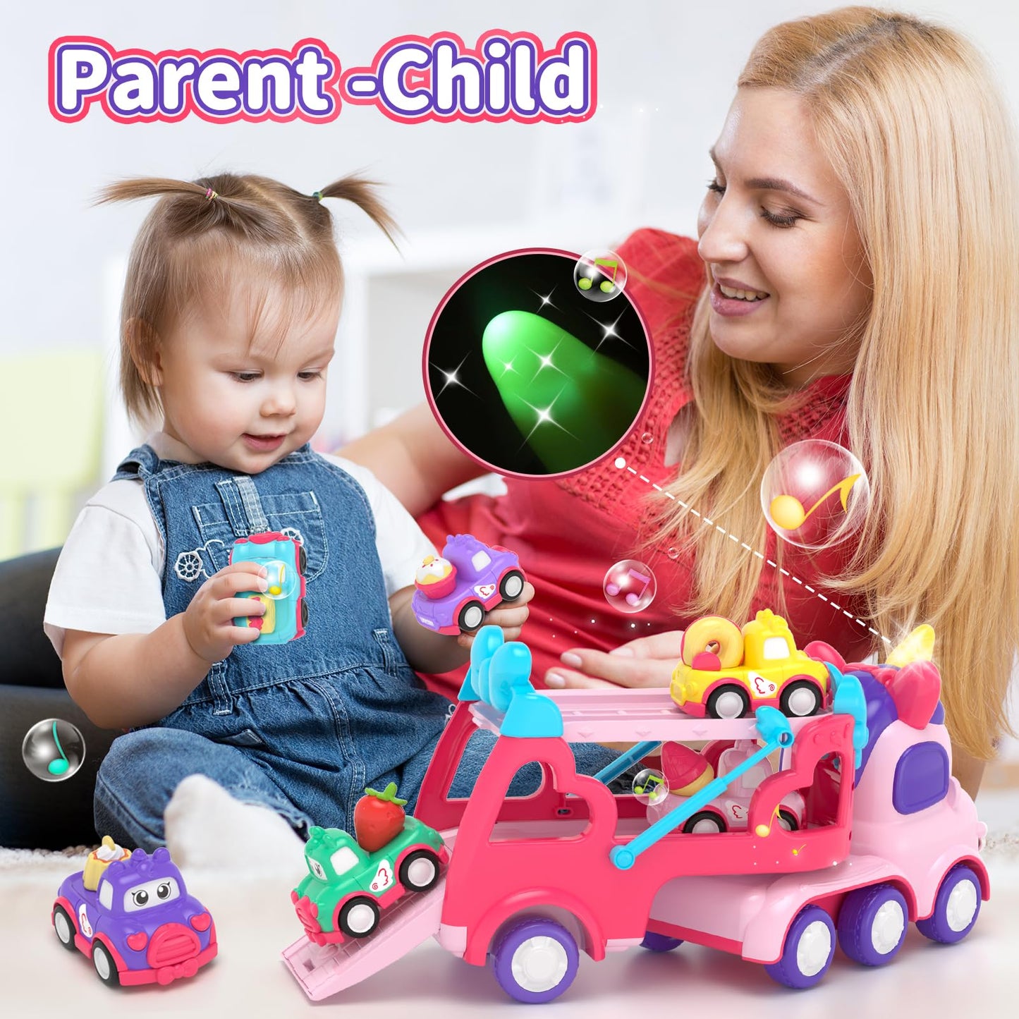 usrela 7 in 1 Unicorn Carrier Truck Toy for 1 2 Year Old Girl Car with Light & Music, Princess Toddler Girl Toys Age 2 3, Girl Car Toys for 1 2 3 Year Old Birthday Gifts Christmas for Baby Girl