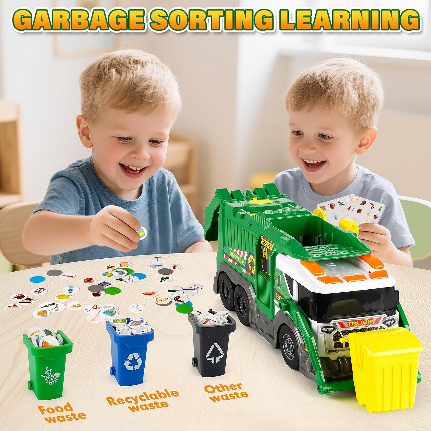 Large Garbage Truck Toy Set for Boys Ages 3 4 5 6 7 8, Kids Trash Truck with Sound, Light, Dumpster, Trash Bins and Learning Cards, Friction Powered Garbage Trucks Christmas Birthday Gifts for Toddler