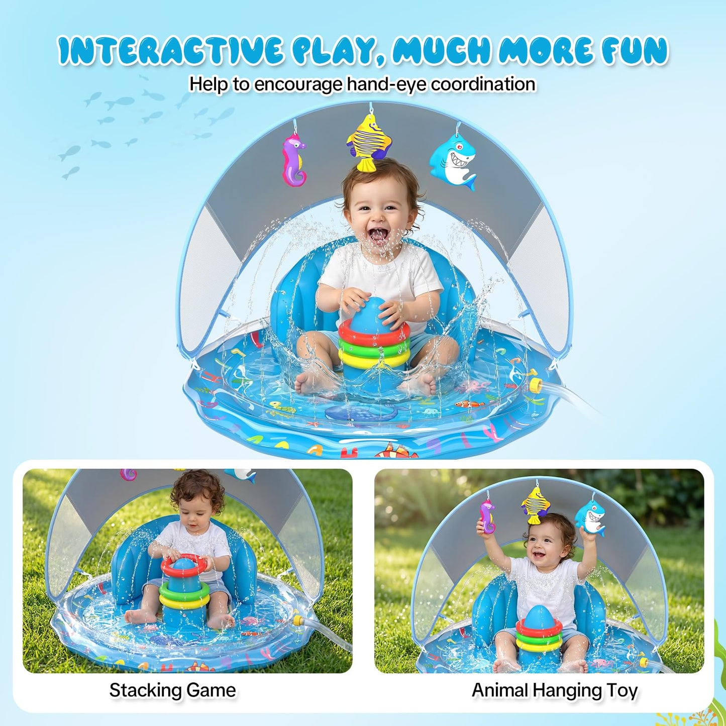 Qmioti Baby Splash Pad with Canopy, Inflatable Baby Pool with Sprinkler, Stackable Rings & Hanging Toys, Water Sprinkler for Kids, Summer Outdoor Water Play Toys for Baby Toddlers