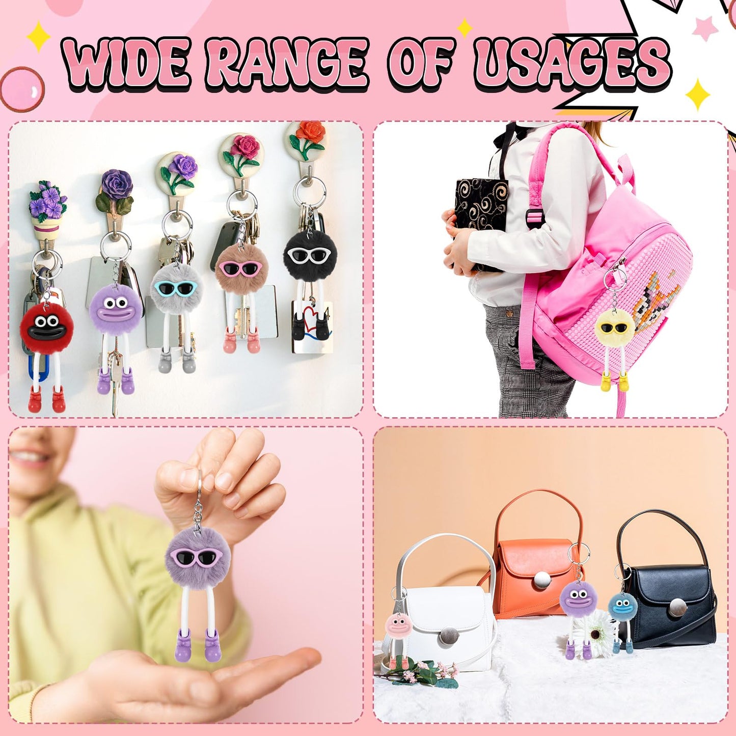 Equsion 48 Pcs Kawaii Keychains Bulk Cute Plush Keychains Fluffy Pompoms Balls with Tassels and Keyrings Key Chain Kawaii Party Favors for Birthday Goodie Bags Piñata Prizes(Cute)