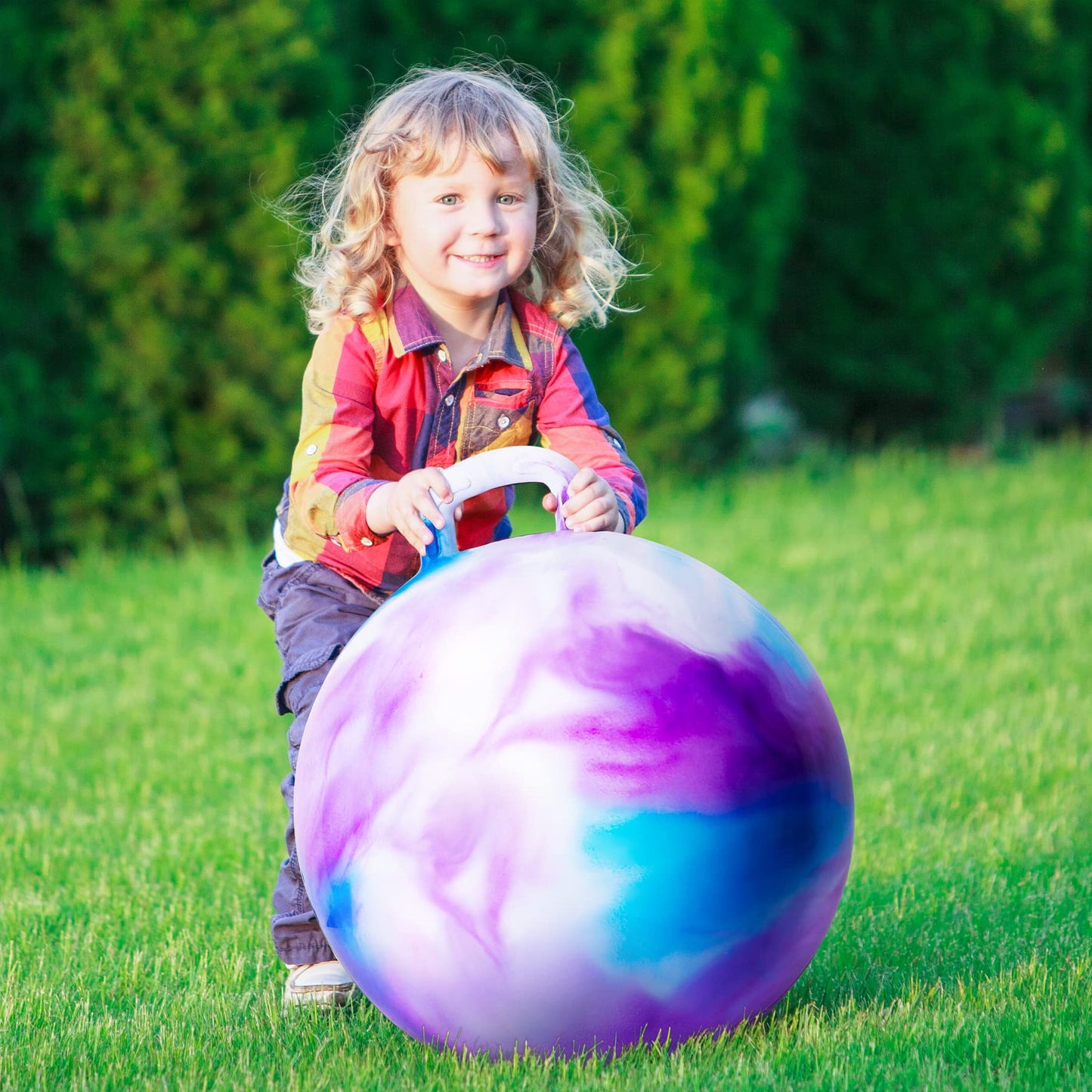 ZOOJOY Hopper Ball, Hopping Toys for Kids, 18inch Bouncy Ball with Handle for Boys Girls Aged 3-8, Inflatable Clouds Bounce Hopper Toy with Pump