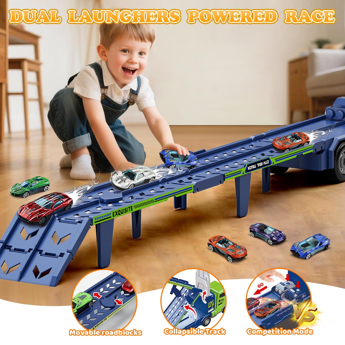 Truck Car Toys for 3, 4, 5, 6, 7, 8 Years Old Kids, Carrier Truck Race Track Toys, Foldable Transport Car Toys with 2 Foldable Race Tracks, 6 Metal Cars, Birthday Gifts for Toddler Boys Girls