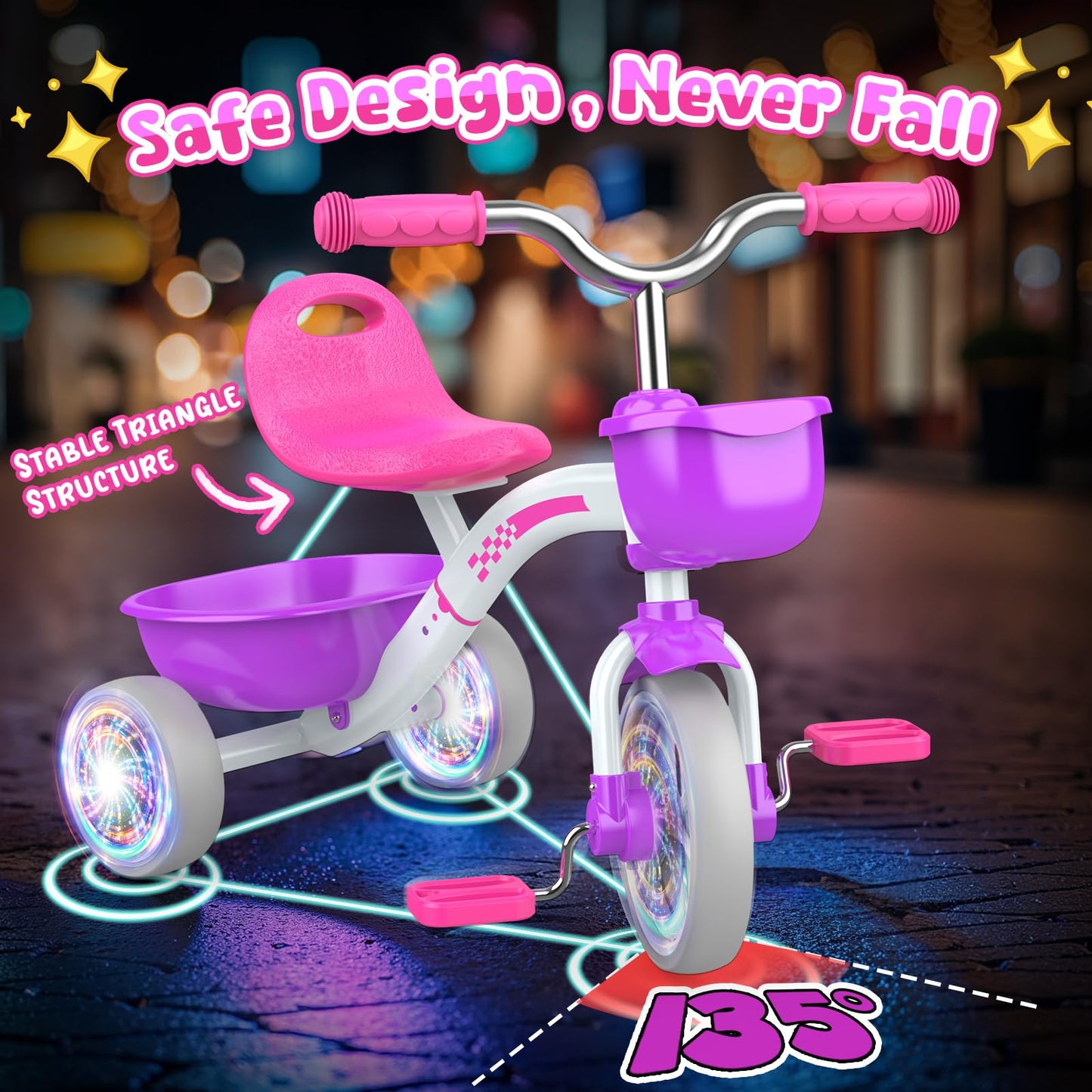 Kkdi Toddler Tricycle for 1-3 3-5 Year Olds, 2 3 4 5 Year Old Girl Birthday Gifts, Purple Toddler Baby Bike, 4-Level Adjustable Seat, 3 Color Light Wheels, 2 Baskets, Outdoor Riding Toys for Ages 2-4