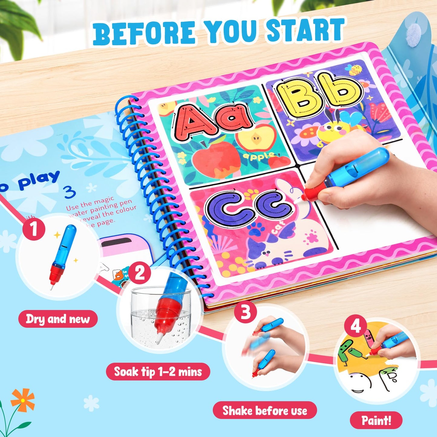 JoyCat Alphabet Water Coloring Book for Toddlers 3-5, Reusable 14 Activity Pages with Water Pen for No-Mess Drawing, Preschool Alphabet Learning Letter Tracing Toys, Toddler Boys Girls
