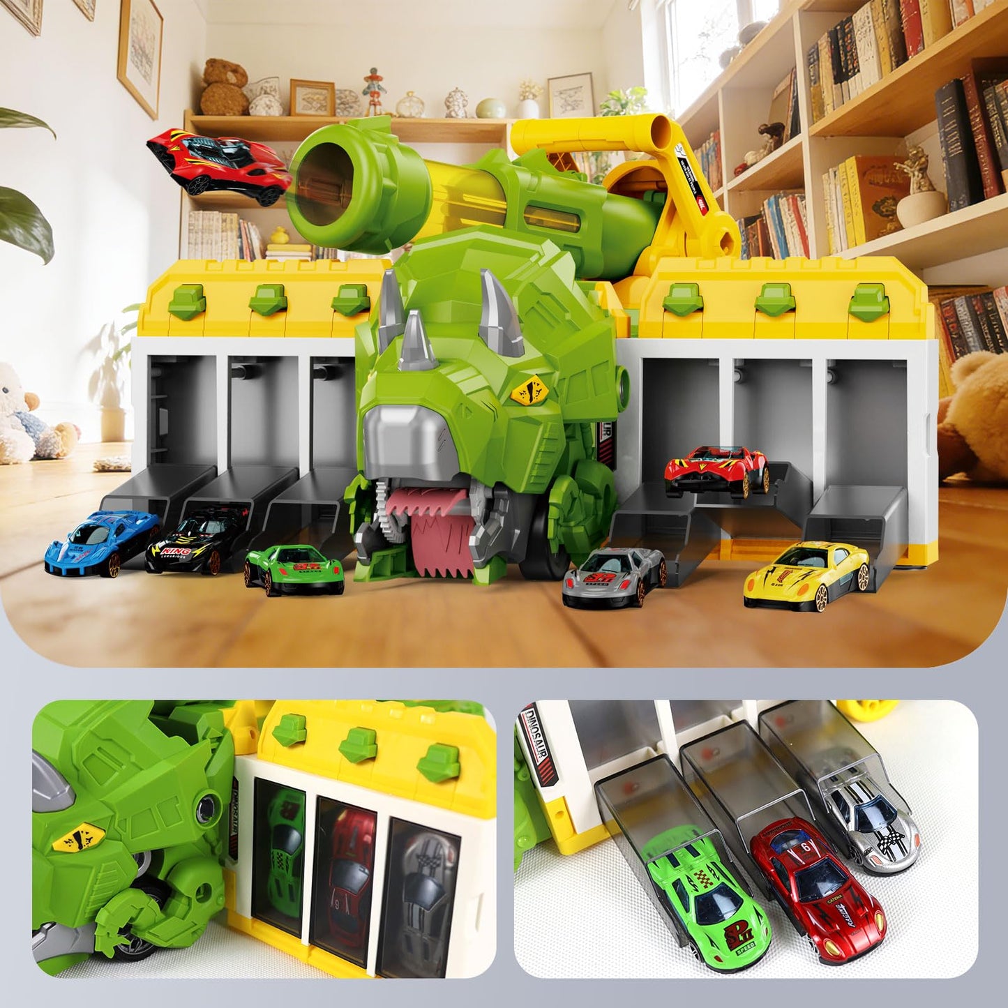 BYFWH Dinosaur Truck Toy Cars for Kids 3-8, Foldable Triceratops Car Toys with Storage Bay, Eejection & Shooting Dino Trucks Boy Toy with 12 Foam Ball, 10 Mini Cars, Best Gift for Kid 3 4 5 6 7 8 9