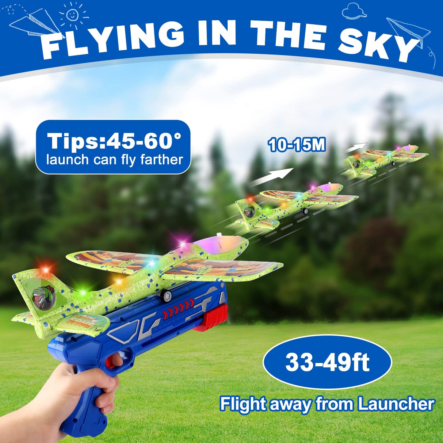 Onysurui 3 Pack Airplane Launcher Toy, 12.6" Foam 2 Flight Mode Led Plane Catapult Boy Toys with 3 DIY Stickers, Outdoor Flying Toys for Kids Gifts for 4 5 6 7 8 9 10 12 Year Old Boys Girls