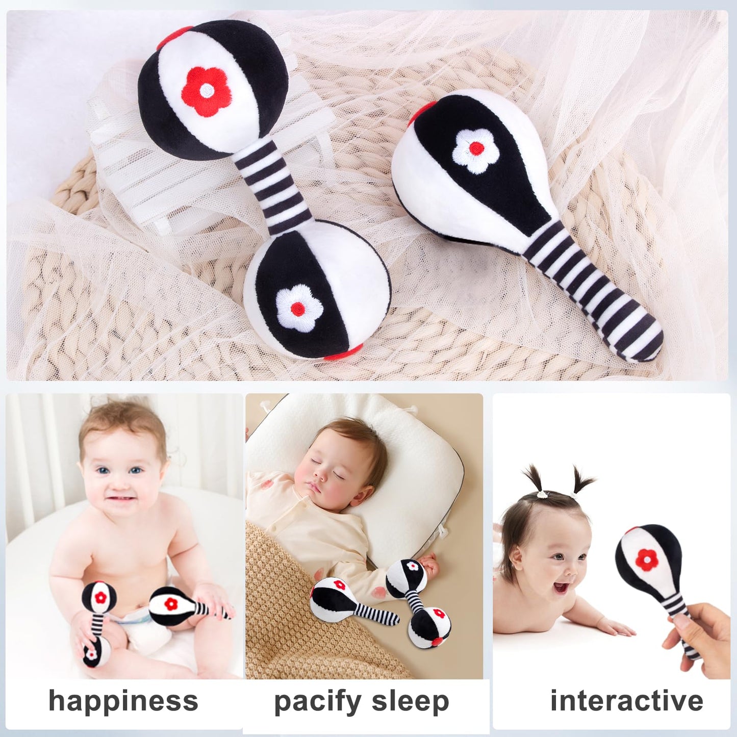 JINBOBUBU Soft Baby Rattles 0-6 Months - 2 Pack Infant Developmental Toys with Black & White Contrast | Sensory Newborn Toys for Girls & Boys | Set (BPA Free)