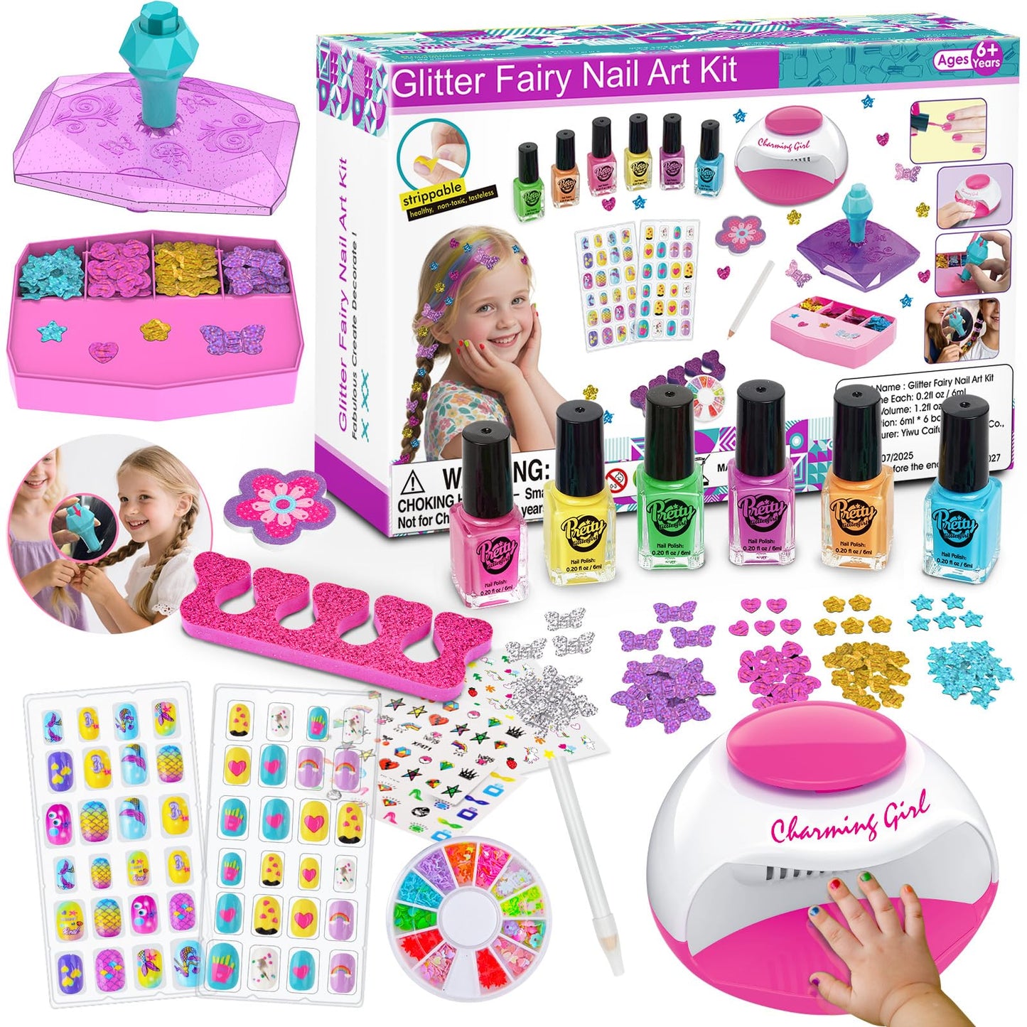 QoQlz Kids Nails Polish Set for Girls with Hair Gem Stamper Kit, Nail Art Kit for Kids Ages 7-12 - Cool Girly Stuff - Birthday Gifts for Girls 6 7 8 9 10 11 12 Years Old