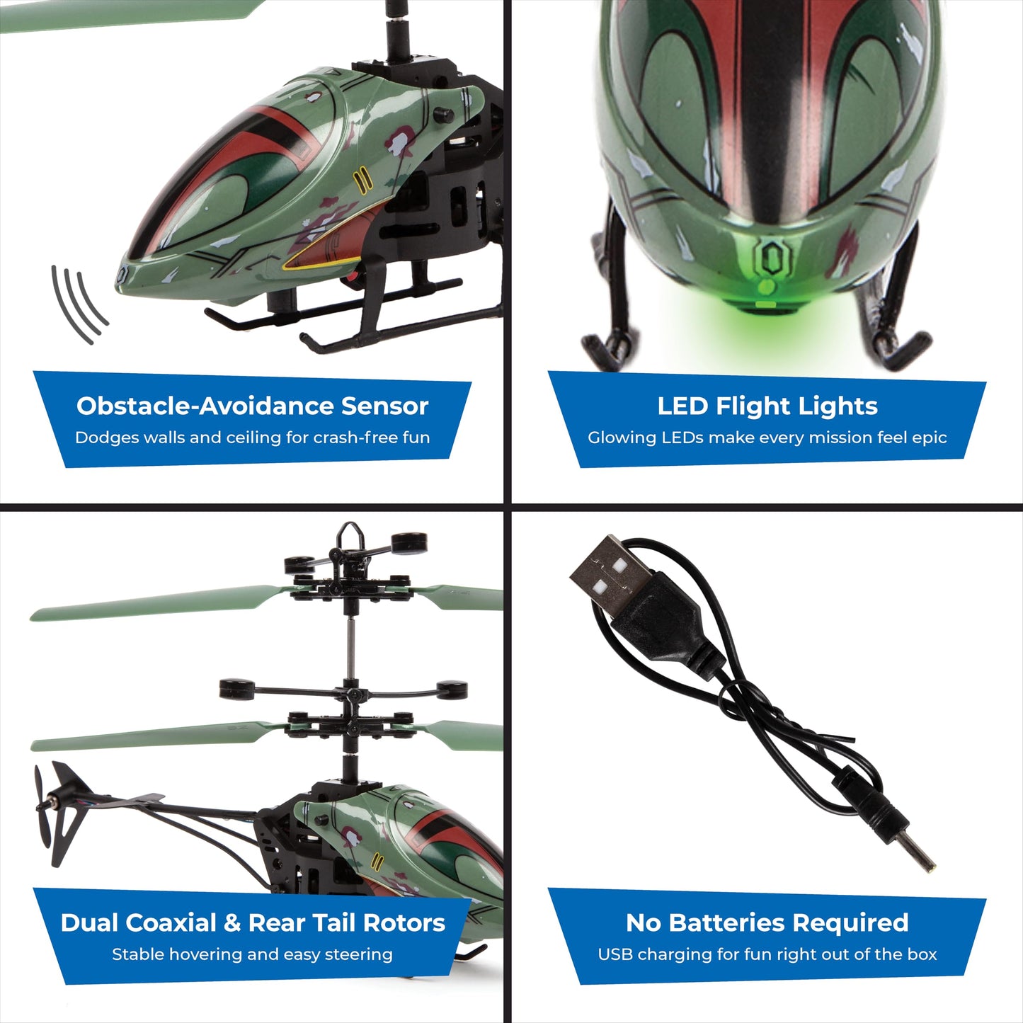 Star Wars Boba Fett RC Helicopter – Easy‑Fly Remote Control Helicopter with LED Lights, Durable Body, Coaxial & Rear Rotors – Kids 8+