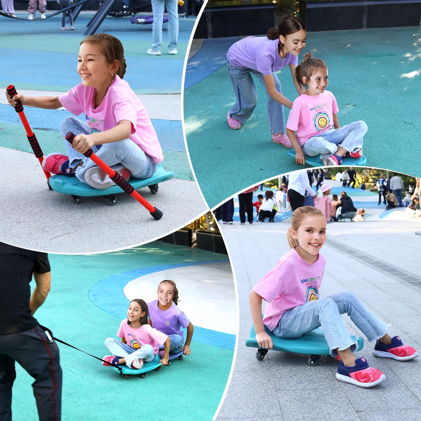 Large Scooter Board for Kids,Plastic Floor Scooter Board with Handles, Buckle and 1 Rope, Gym Scooters for Indoor Outdoor Sports,Sensory Training, Green