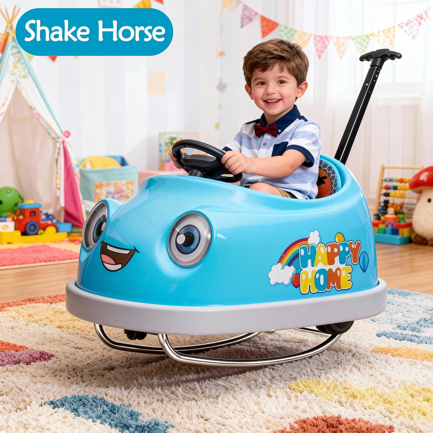 IHUESHO 6 in 1 12V Electric Bumper Car for Toddlers 1-3 with Remote Control, Baby Ride on Bumper Car, Rocking Horse, 360 Degree Spin, Safety Belt, LED Lights & Bluetooth, Gift for Girls Boys (Blue)