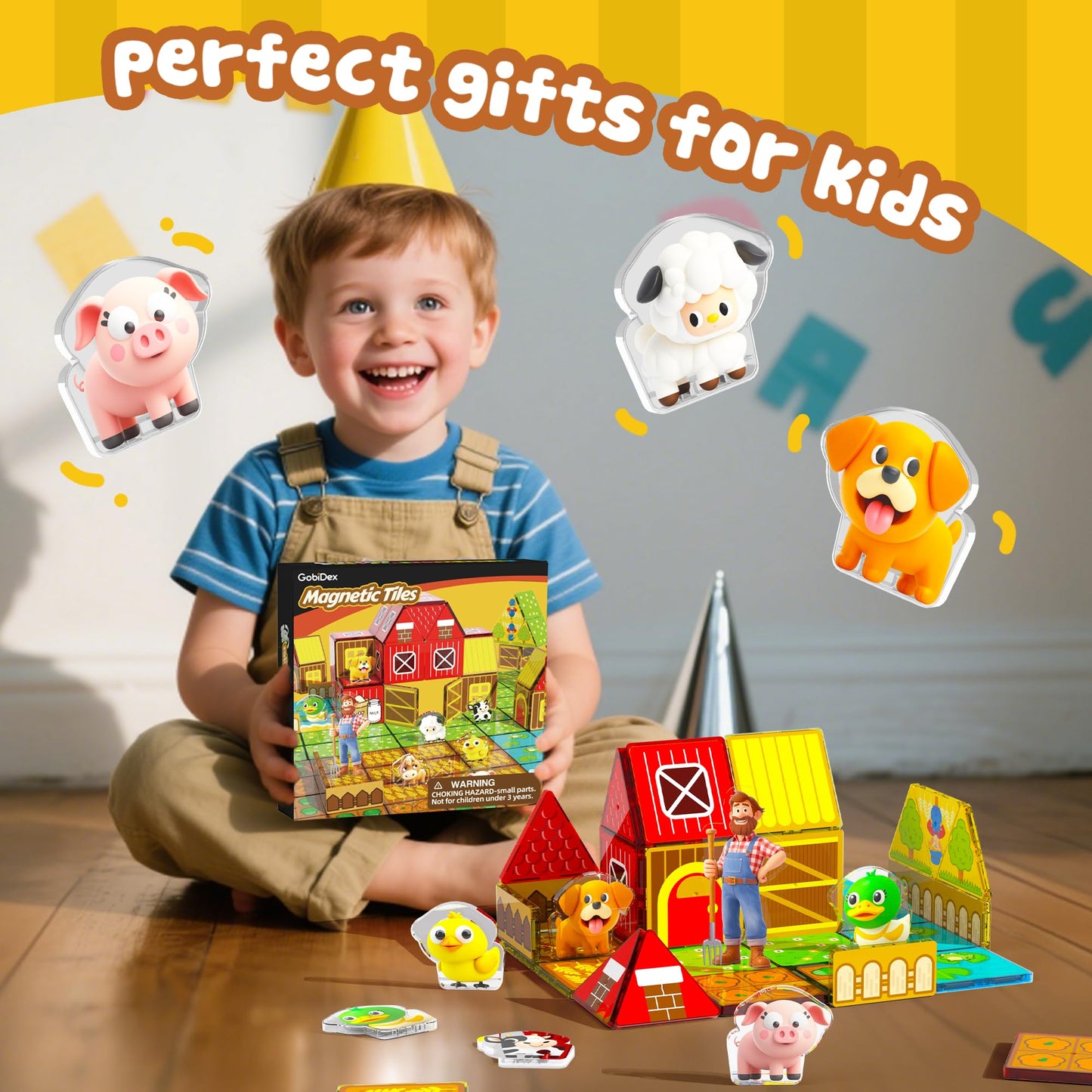 GobiDex Magnetic Tiles with Farm Animals Building Blocks, STEM Sensory Toys for Indoor, Outdoor, and Travel Play, Educational Magnet Toy Gift for Preschool Kids Ages 3-5, 4-8