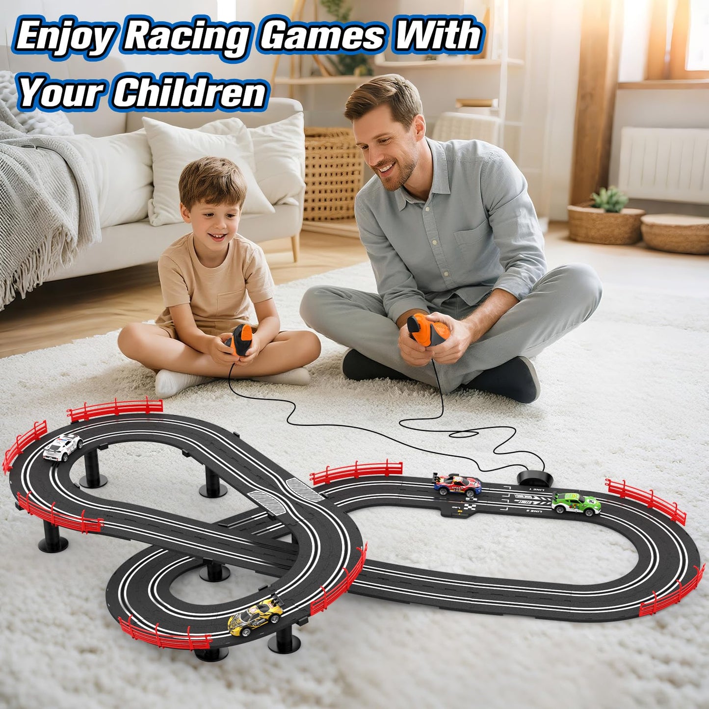 3-in-1 Slot Car Race Track Sets with 4 High-Speed Cars, Electric Track, Dual Racing Game with Lap Counter & 2 Controllers, and Circular Overpass Design – Toy Gift for Boys Kids Ages 4-6 6-8 8-12