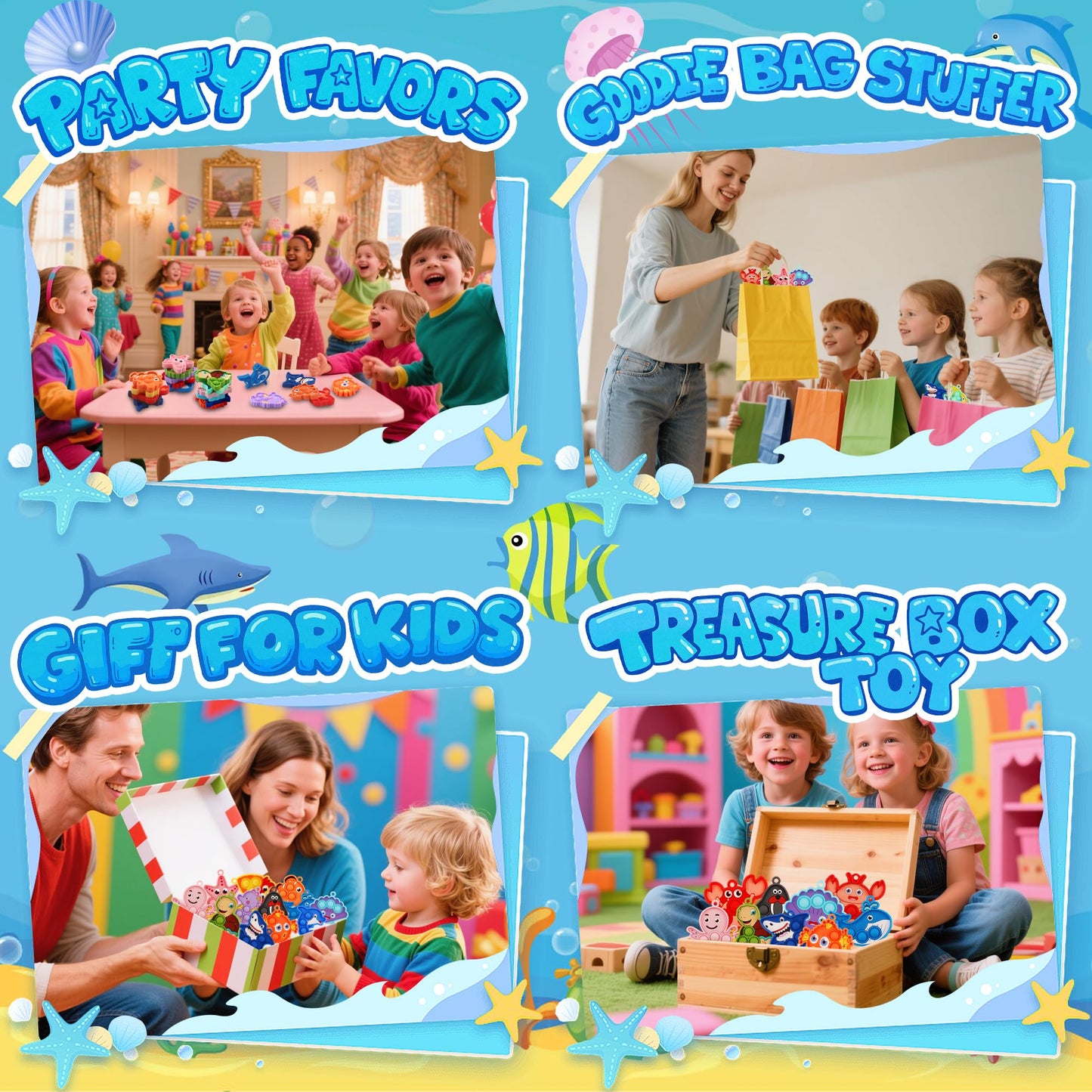Ksmky 32PCS Sea Animal Pop Fidget Toys Bulk, Mini Pop Keychain,Party Favors for Kids, Goodie Bag Stuffers,Classroom Prizes,Treasure Box Toys