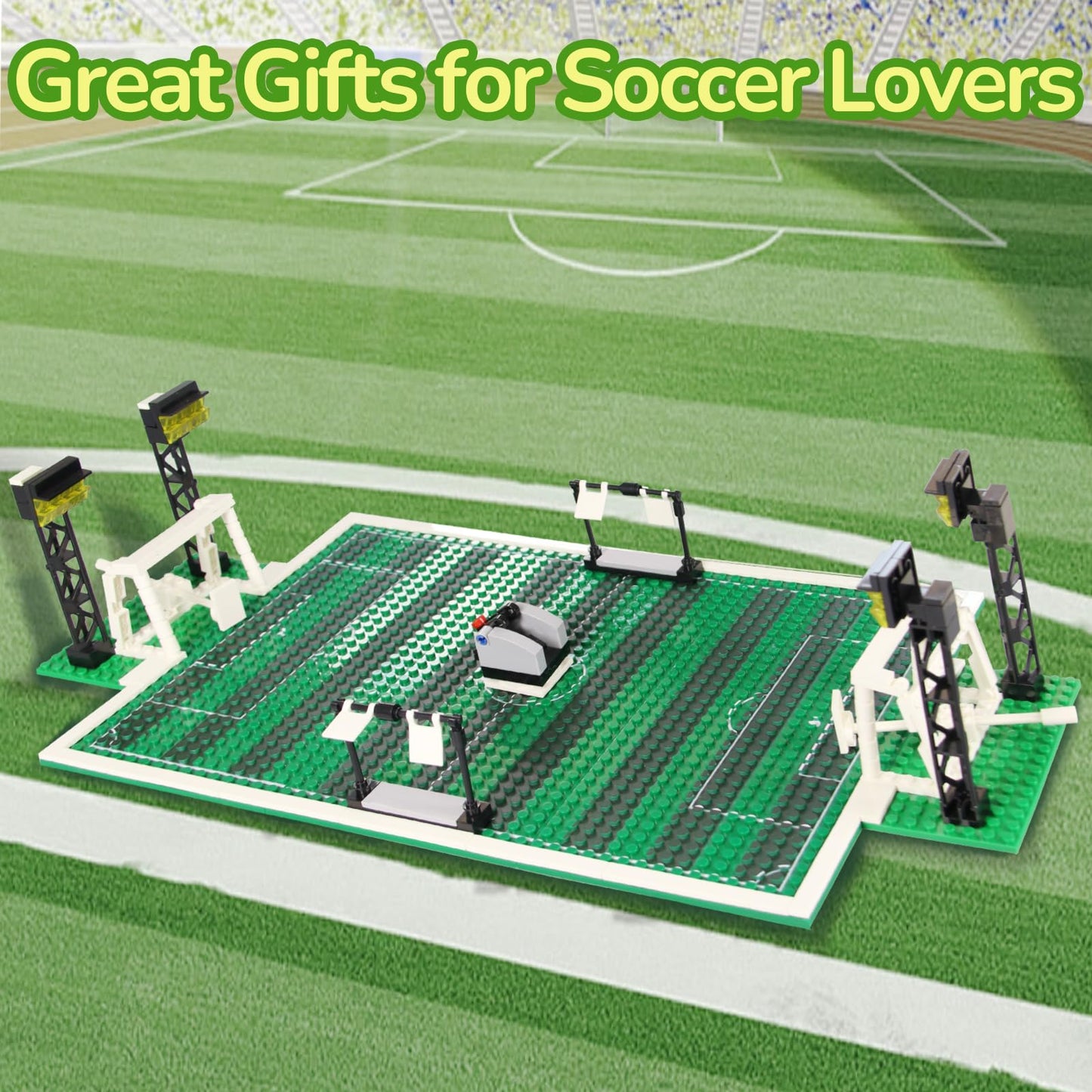 Cabeeskii Soccer Playset Building Blocks, Football Court Baseplate Brick with Football Goals, launchers Bricks, 2 Footballs, Soccer Building Bricks SetCompatible with Major Brands