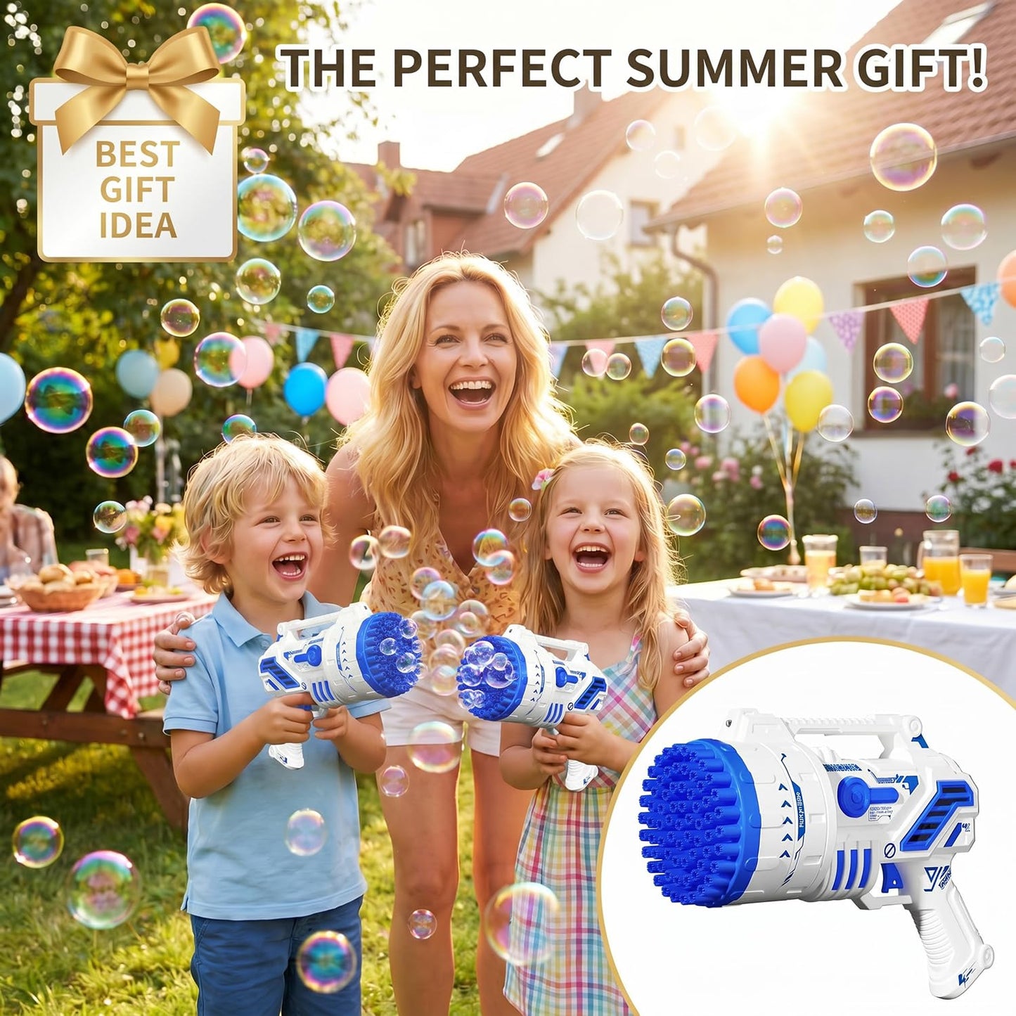 Bubble Gun for Kids, 69-Hole Bubble Machine with LED Lights, 69 Hole Bubble Blaster Blower, for Ages 3+, Summer, Birthday, Party Wedding Outdoor (Blue)