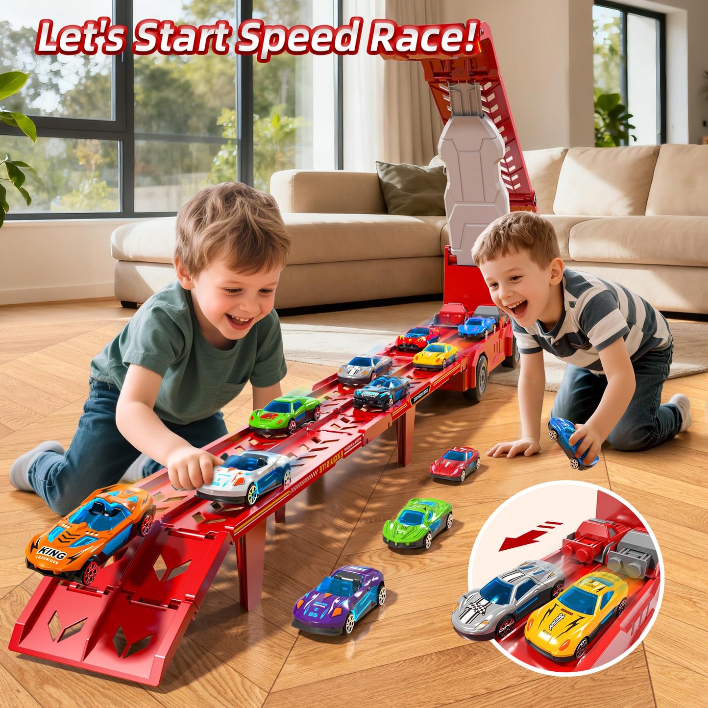 Novaluki Truck Toys for Kids, Transport Vehicle with 12 Die-Cast Car, Double Race Car Track Cars Ramp Toy, Carrier Truck for Toddler 3-5, Christmas Birthday Gift for 3 4 5 6 7 8 Years Old Boys Girls