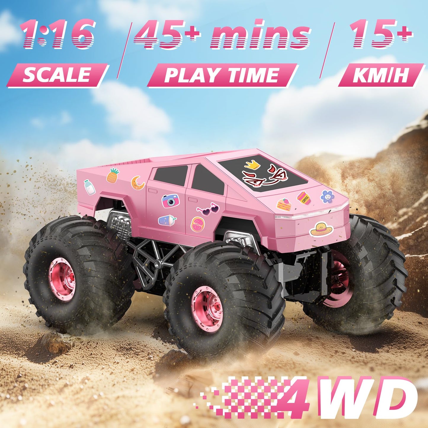 iDrone Remote Control Car Cyber RC Truck Toy, 1:16 2.4GHz 4WD Off-Road Amphibious Waterproof Monster Truck for All Terrain, Kids Birthday Gifts for Boys Girls Age 6 7 8 9 10 11 12 Year Olds (Pink)
