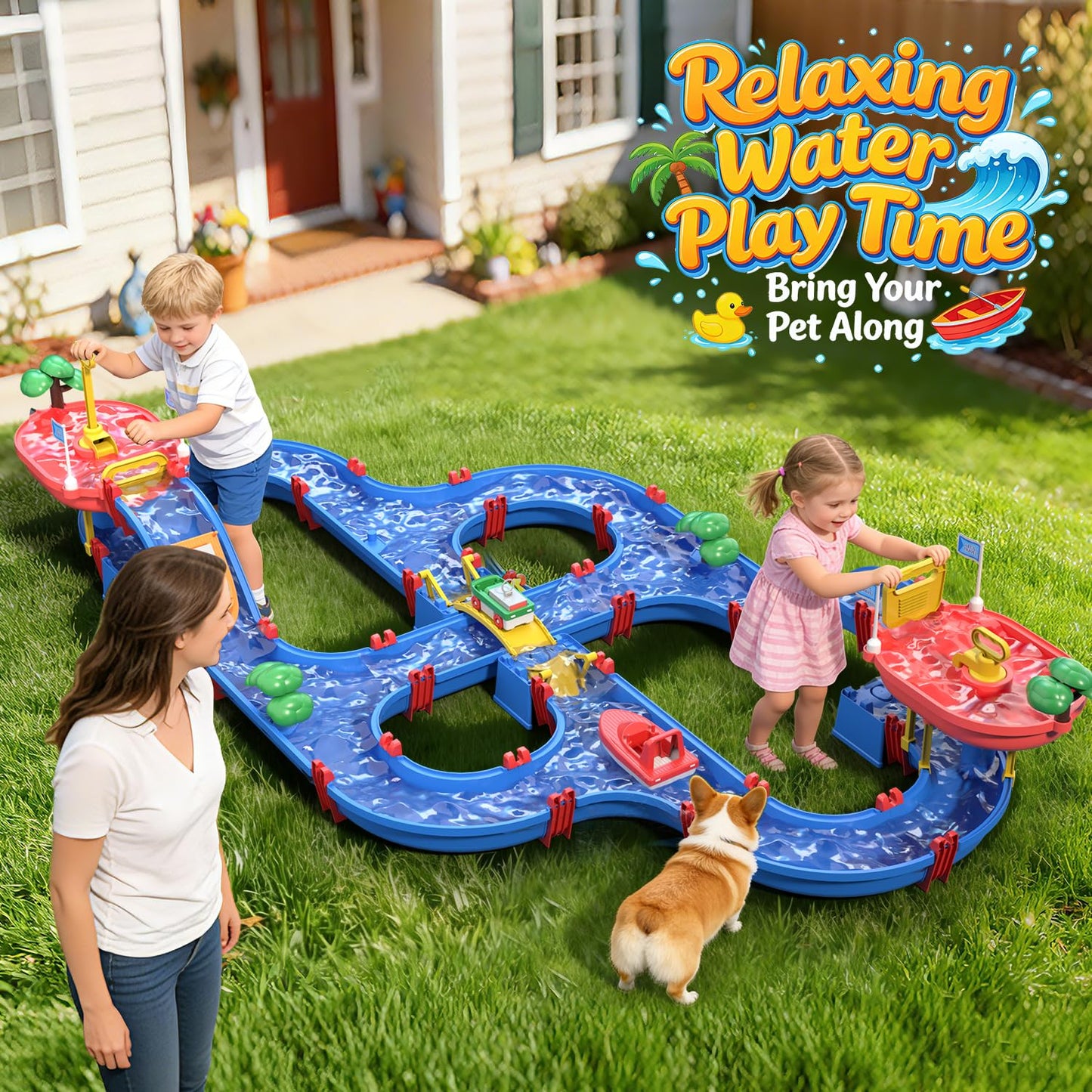 VATOS 2-Tier Toddlers Water Table Toy, 114 PCS DIY Dual-Basin Water Pump, Summer Outdoor Water Toys Backyard, Beach, Balcony, Garden Fun Water Playset for Girls, Boys 3-5 Years Old Pets Families
