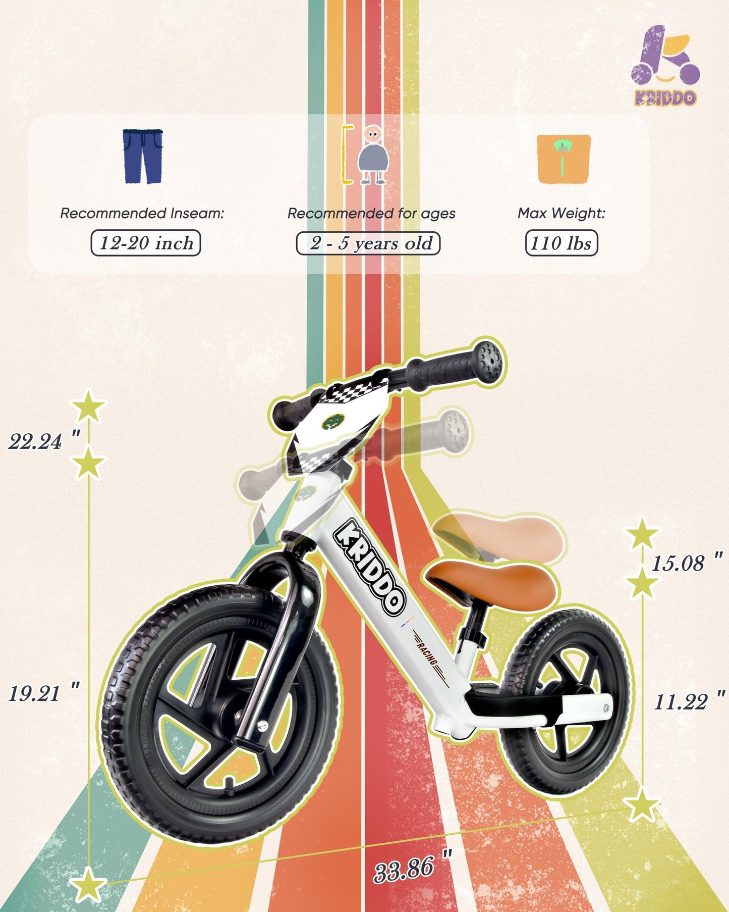 KRIDDO Balance Bike 2 Year Old, Toddler Balance Bike for Kids Aged 2-5, with DIY Colorful Stickers, Non-Slip Sporty Footrest, Racing-Style Frame, Gift for 2-4 Boys and Girls, White