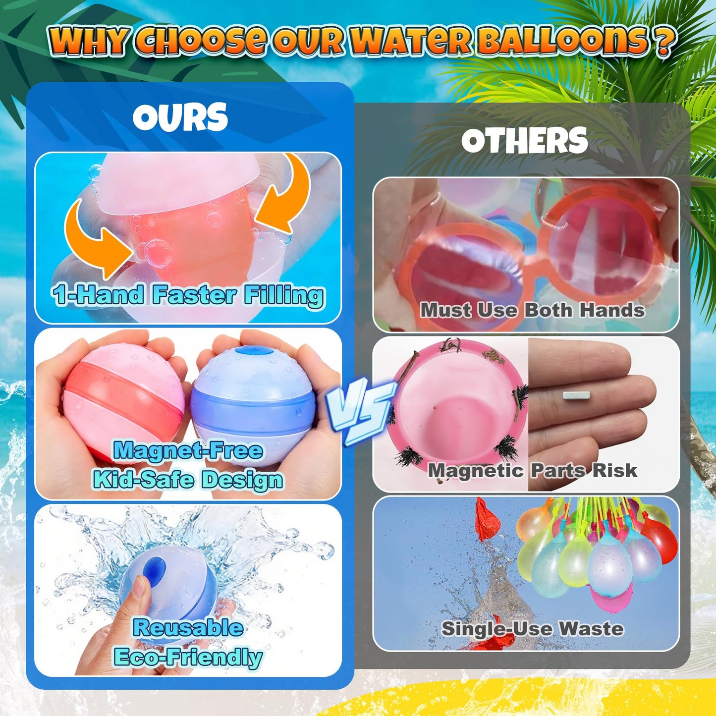 Reusable Water Balloons - 12 Pack Silicone Splash Balls No Magnets, Slef-sealing Quick Fill Water Bombs, Leak-Proof Summer Toys for Pool Beach Backyard