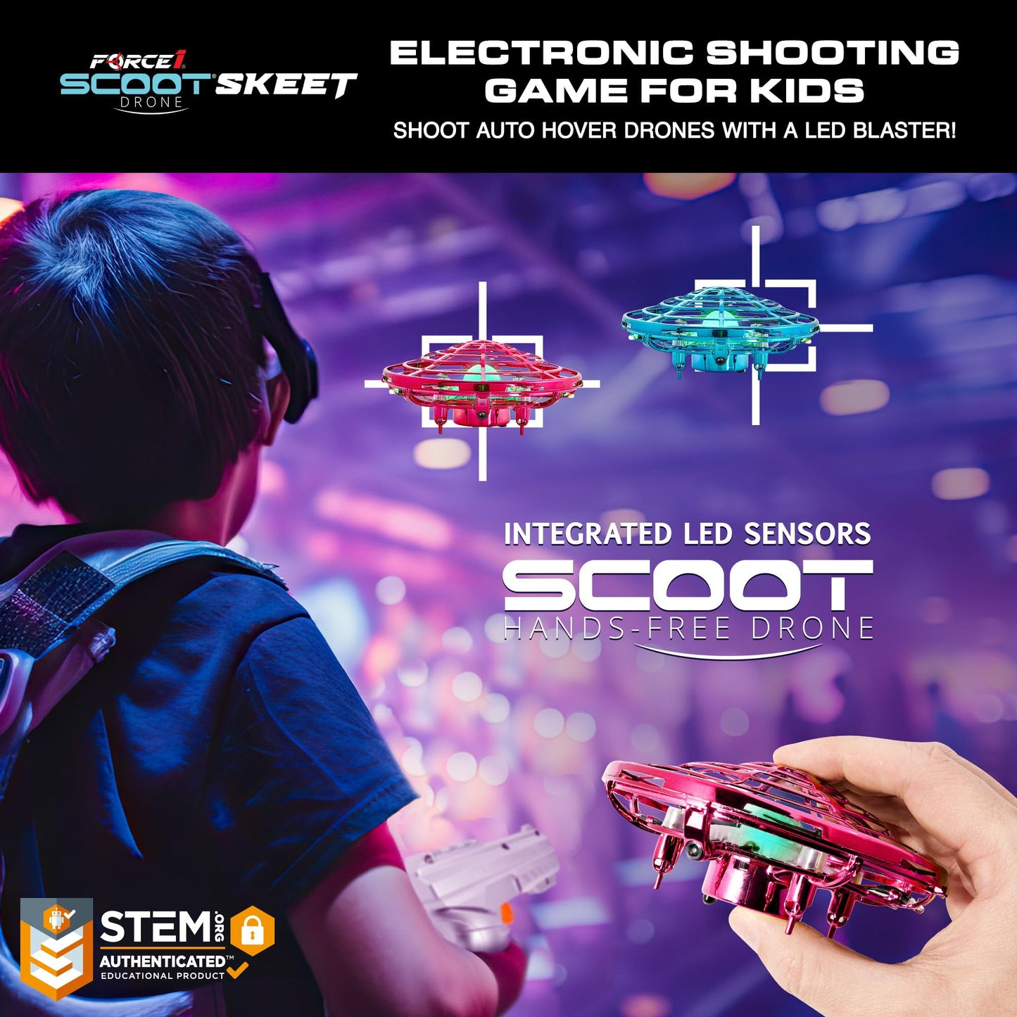 Force1 Scoot Skeet 3pk Mini Drone Electronic Shooting Game for Kids and Adults- 2 Hand Drones for Kids with LED Toy Gun Set, Ultimate Electronic Target Games, Indoor Flying Orb Ball Toys (Pink/Blue)
