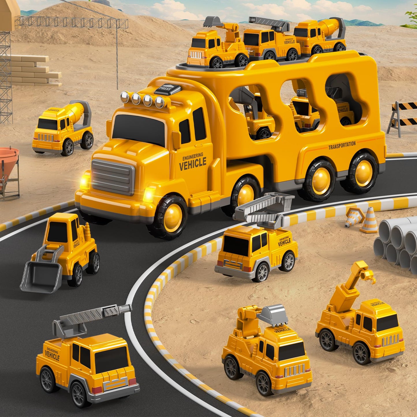 Beby Buty 8 in 1 Construction Trucks Cars Toys for Toddlers 3-5, Boy Toddler Car Truck Toys with Playmat and Light Sound, Birthday Gifts for 3 4 5 6 Year Old Boy