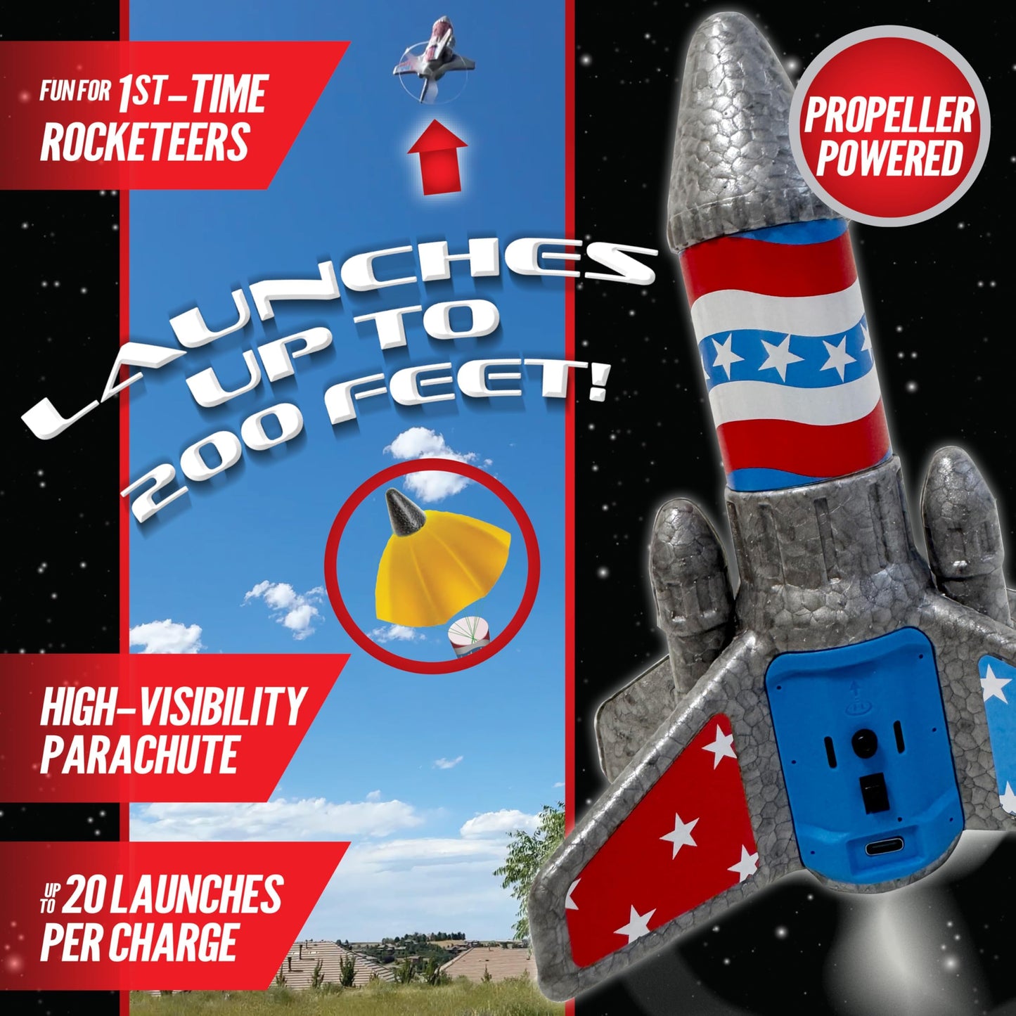 Hyper Drive SkyTwister Rocket – Rechargeable Electric Launch Rocket With Parachute Deploy – Flies Up To 200 Feet – Safe Toy For Kids Ages 8+ – Fully Self-Contained Launch Kit