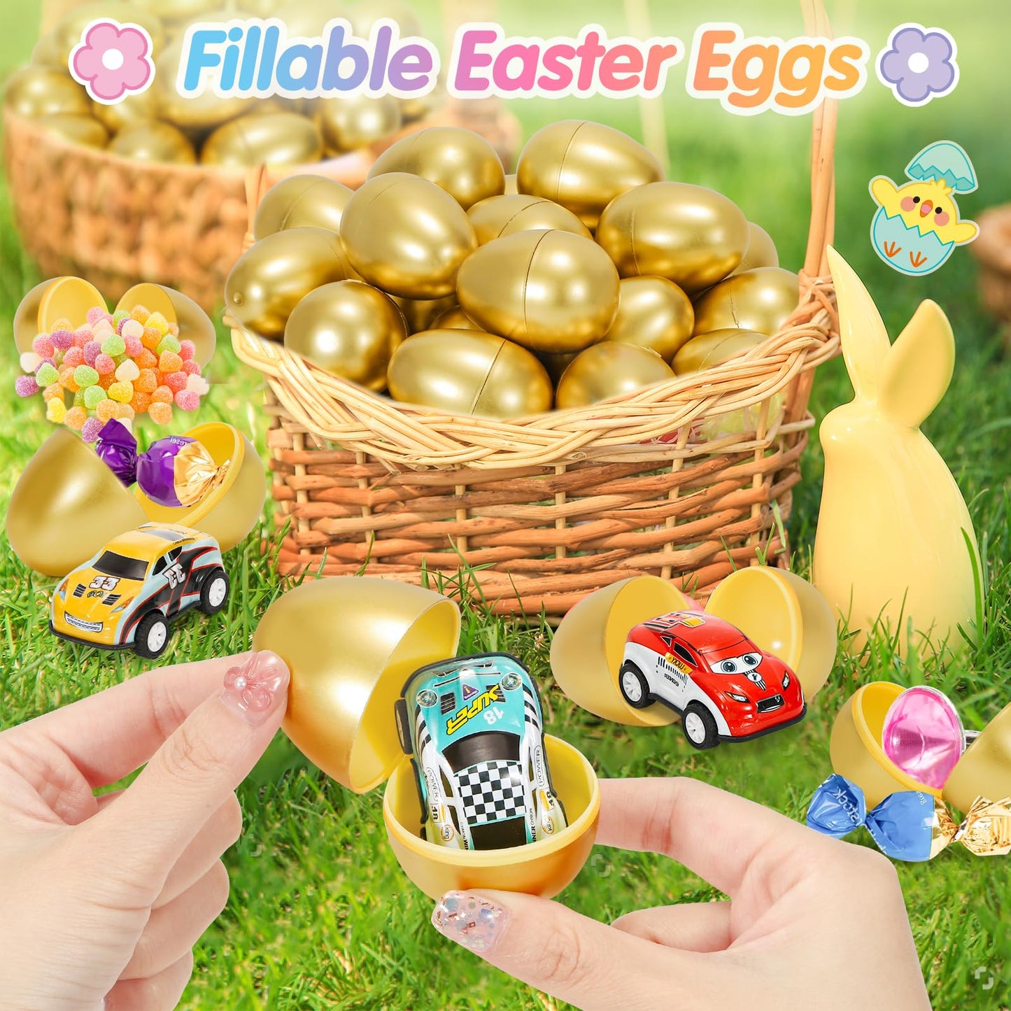 SevenQ Plastic Easter Eggs Empty 2.3” 50Pcs, Fillable Golden Egg for Easter Basket Stuffers Gifts for Kids Party Favors Pinata Goodie Bags Treasure Box Toys Fillers Easter Egg Hunt Games Decorations