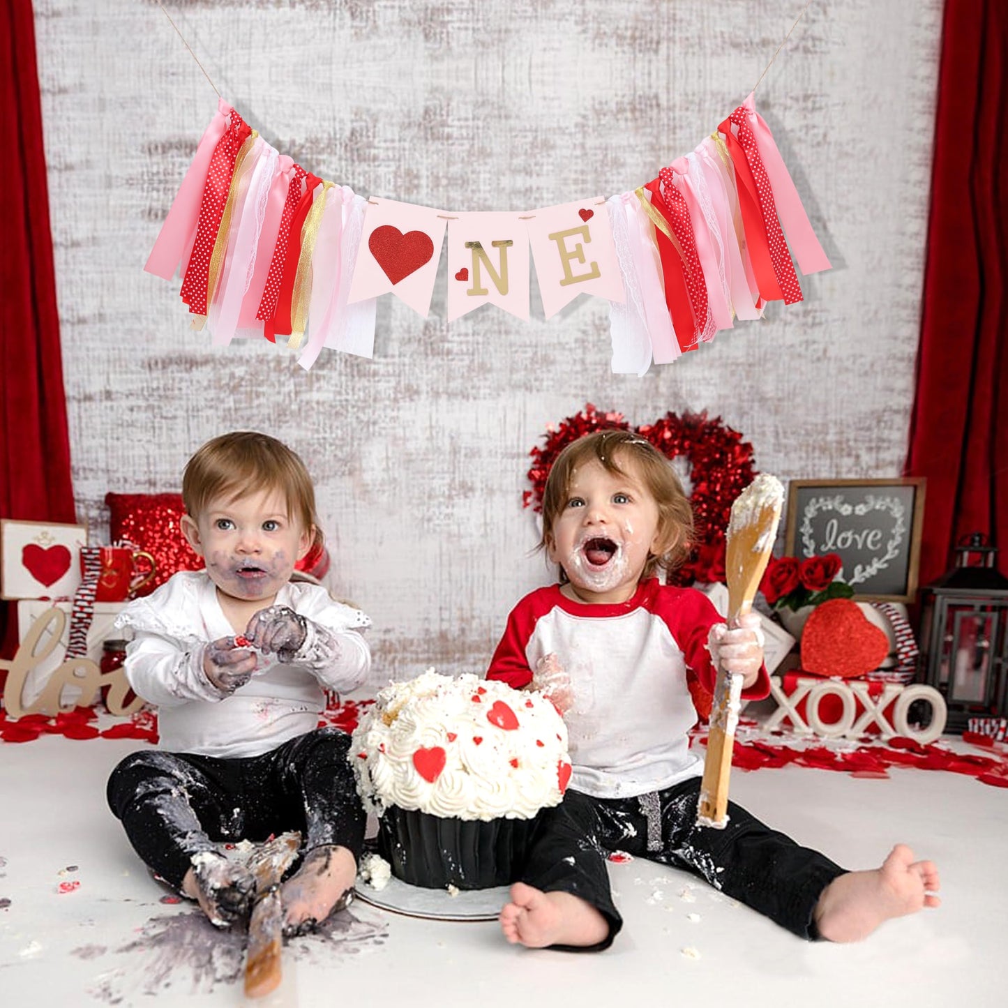 Valentines Day Half Birthday High Chair Banner - 6 Months Baby Party Decorations,1/2 Way To One Red Pink Ribbon Banner,Valentine's Day Highchair Garland,Little Sweetheart 1/2 Birthday Photo Props (Valentines Day 1st Birthday)