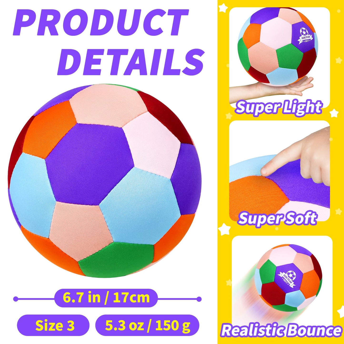 RUN2PEAK Super Light Soft Soccer Ball Size 3 - Safe and Quiet Indoor Soccer Balls Fun Gift for Inside House Yard Training Playing with Pump