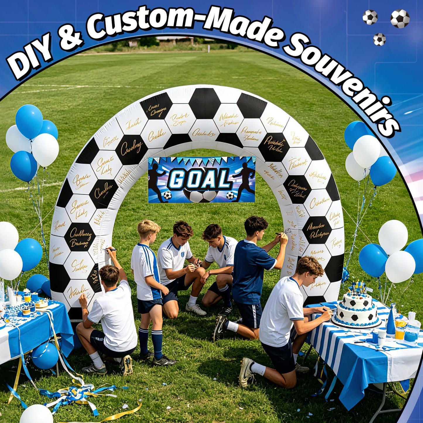 8FT Giant Soccer Inflatable Arch, Match Day Viewing Party Decorations for Fans, Soccer Sports Tournament Game Day Photo Backdrop with 1 Blower, 2 Banners & 3 LED Lights, Birthday Party Blow-Up Decor