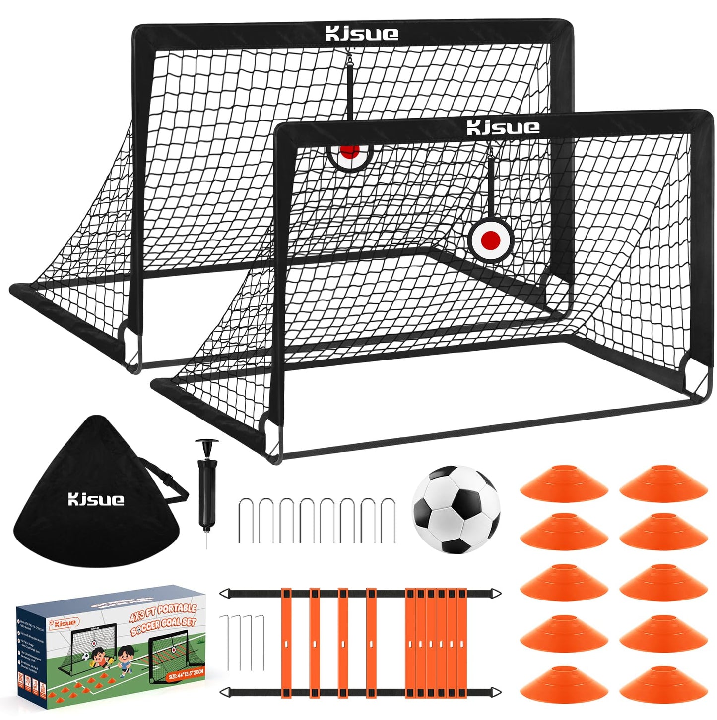 Soccer goal, Kids Soccer Goals for Backyard Set of 2, 4 x 3ft Soccer Net Training Equipment, Pop Up Toddler Soccer Goal for Outdoor Indoor Sports Games with Soccer Ball, Ladder, Cones, Targets (Black)