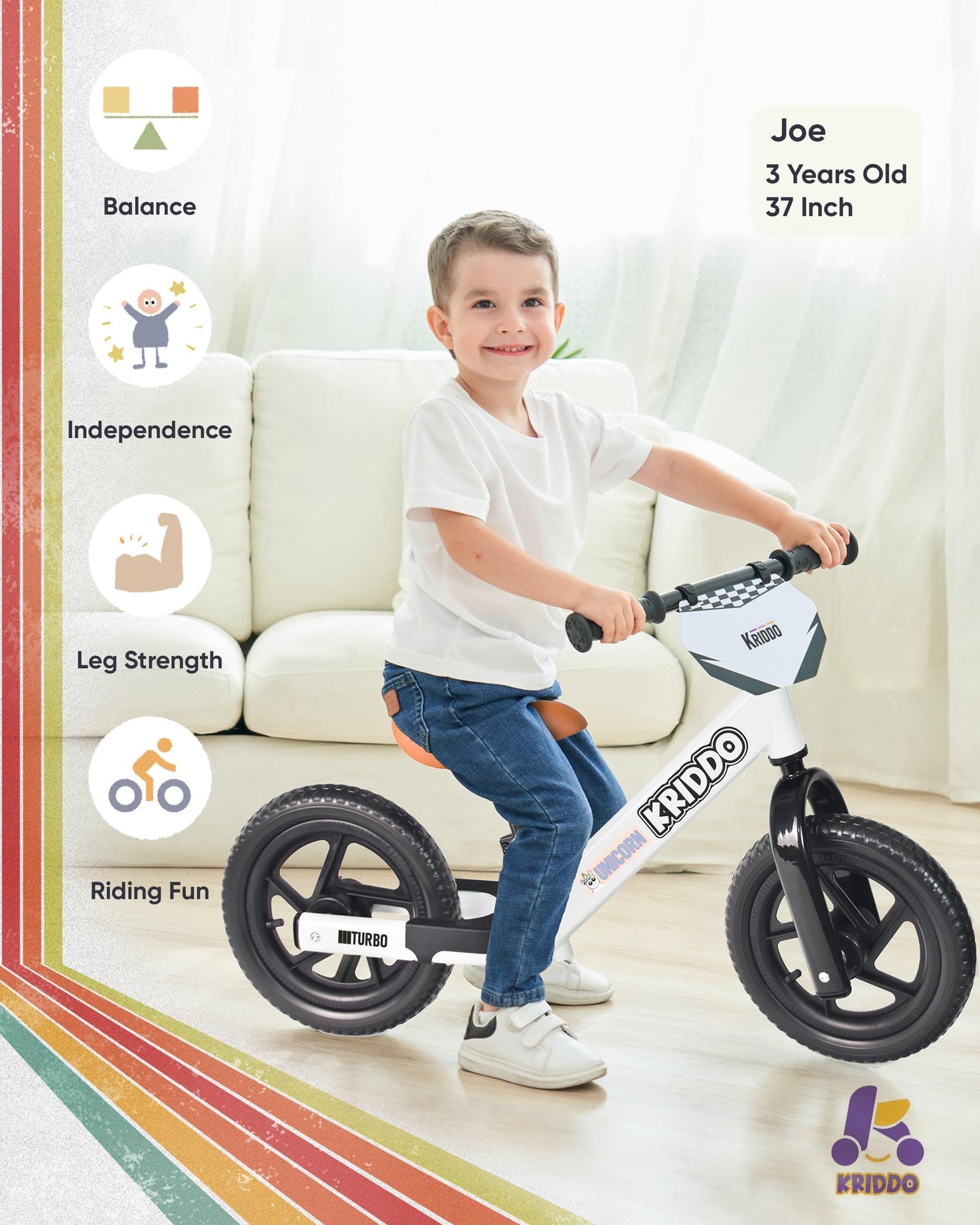 KRIDDO Balance Bike 2 Year Old, Toddler Balance Bike for Kids Aged 2-5, with DIY Colorful Stickers, Non-Slip Sporty Footrest, Racing-Style Frame, Gift for 2-4 Boys and Girls, White