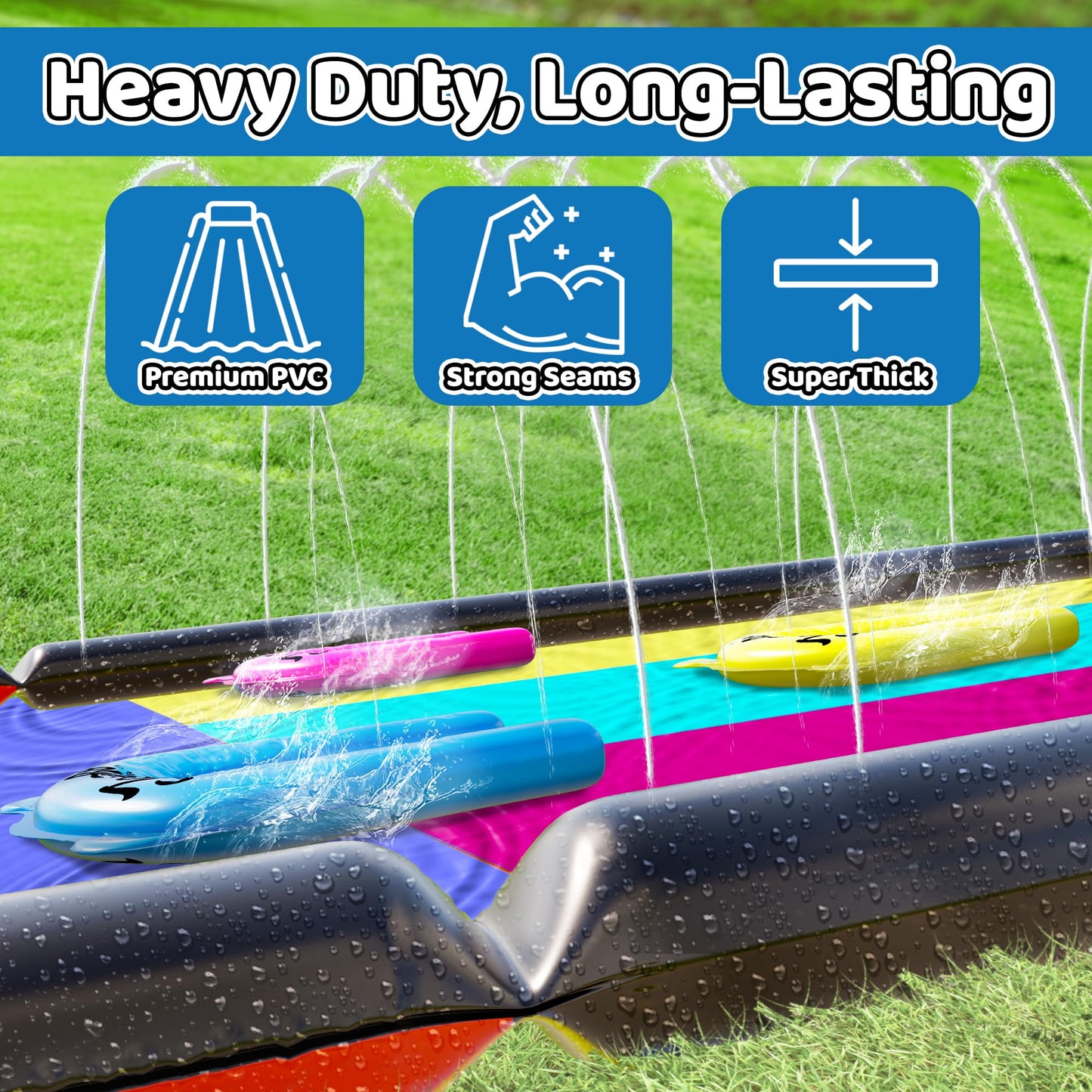 JAMBO XL 20Ft Summer Vibes Premium Slip and Slide with 3 Bodyboards, Heavy Duty Water Slide- Advanced 3-Way Water Sprinkler System, Backyard Waterslide Outdoor Water Toys n Slides for Kids