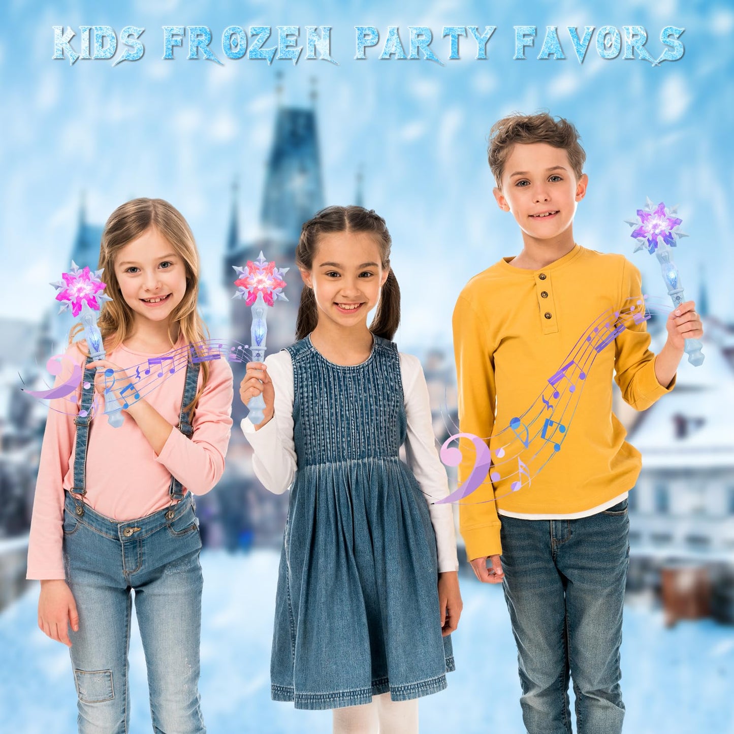 EnrichFun Light Up Frozen Snowflake Wand with Sound, Motion Sensitive Magic Princess Toys for Kids Girls Party Favors 4 Pieces, (Blue 4 Pack)