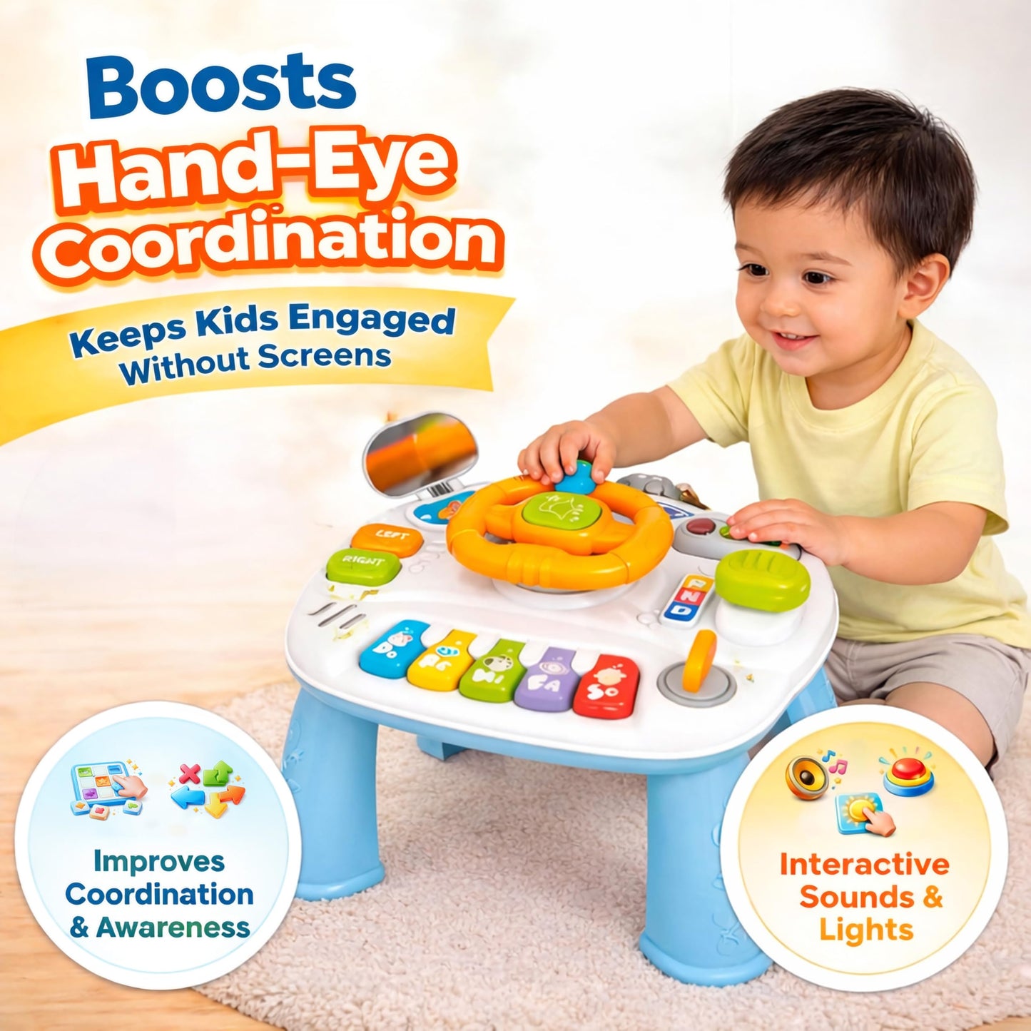 Baby Activity Table for Toddlers 1-3, Toddler Activity Table with Steering Wheel, Piano Keys, Lights and Music, Learning Toy for 18 Month Old Boys and Girls, First Birthday Gift, Baby Piano Toy