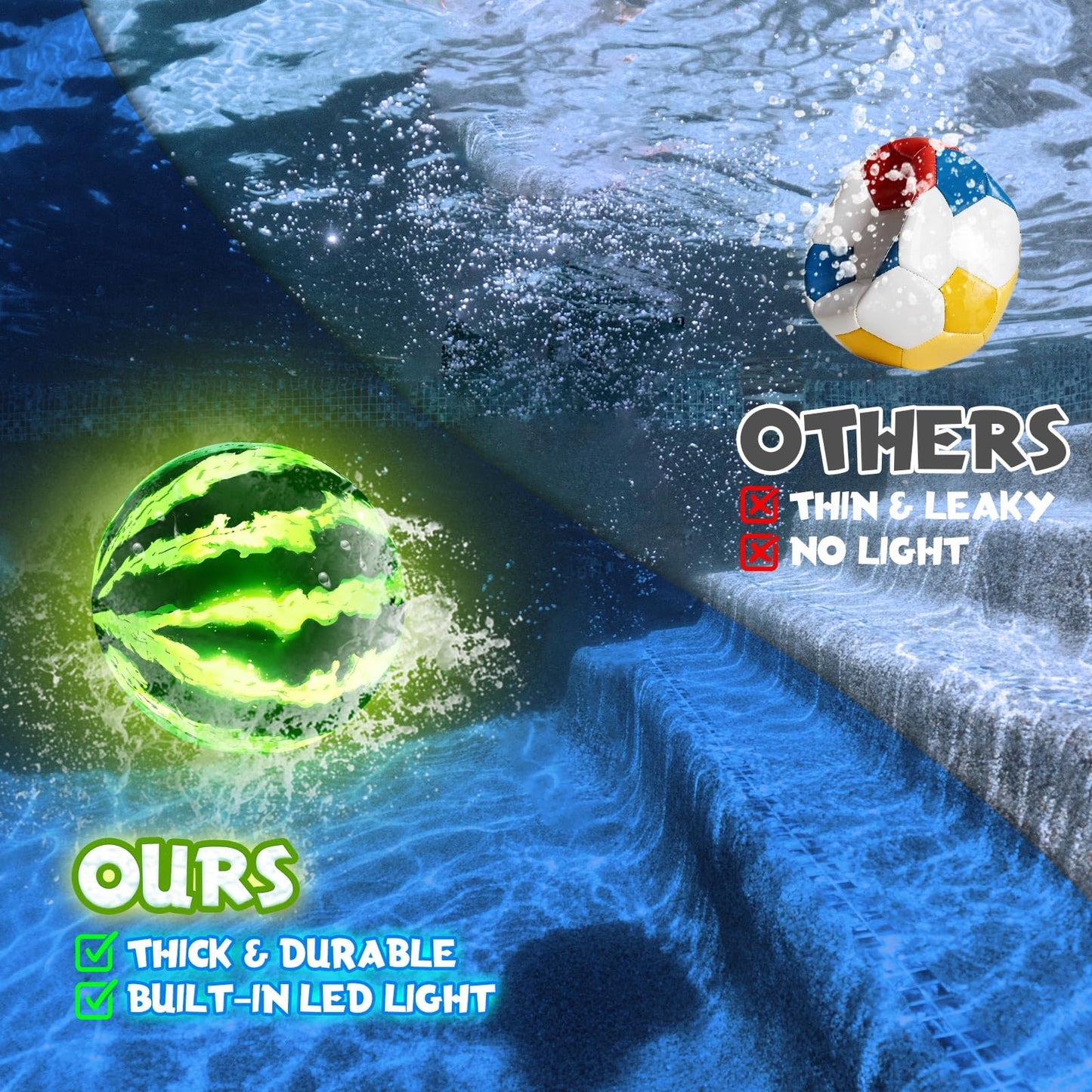Focusport LED Underwater Pool Ball Game – 2 Pack 9" Glow Water Ball Toy for Kids, Teens, Pool Sports Game for Water Football & Basketball, Fun Pool Game for Backyard Parties & Outdoor Water Play