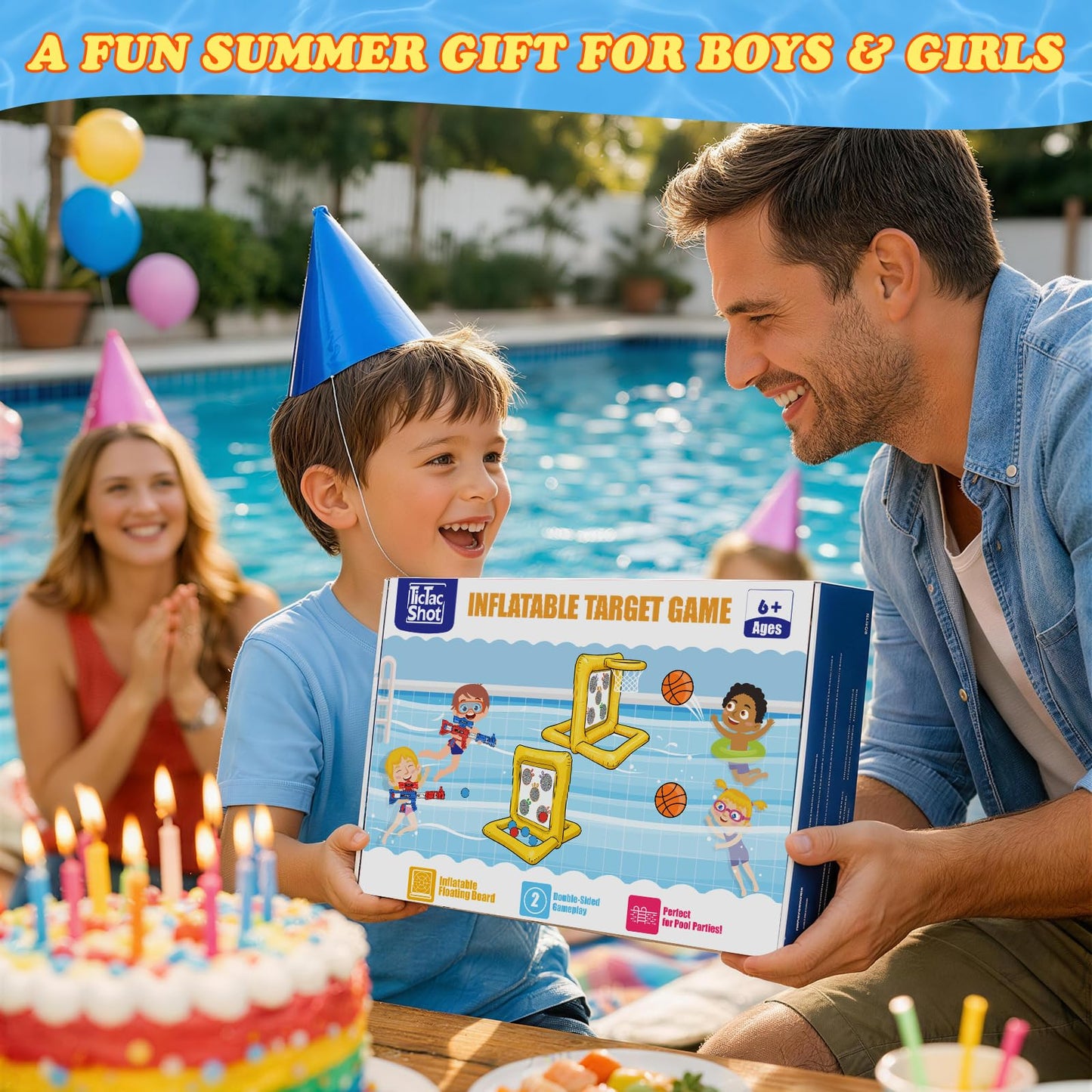 Pool Toys Games for Kids&Adults, 2-in-1 Pool Basketball Hoop with Shooting Target Game & with 2 Blasters, 40 Foam Balls, 4 Basketballs, Summer Outdoor Water Toys, Pool Party Lawn Backyard Games-Blue