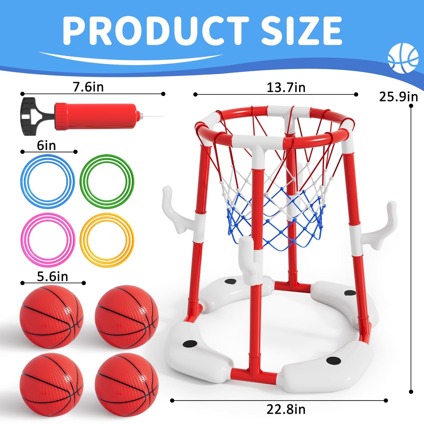 AIBEIQITOY Pool Basketball Hoop for Kids 4-8 8-12, 2 in1 Floating Basketball Hoop Set with 4 Balls,12 Rings&Pump, Swimming Pool Basketball Water Toys for Summer Outdoor Family Party Game Toys