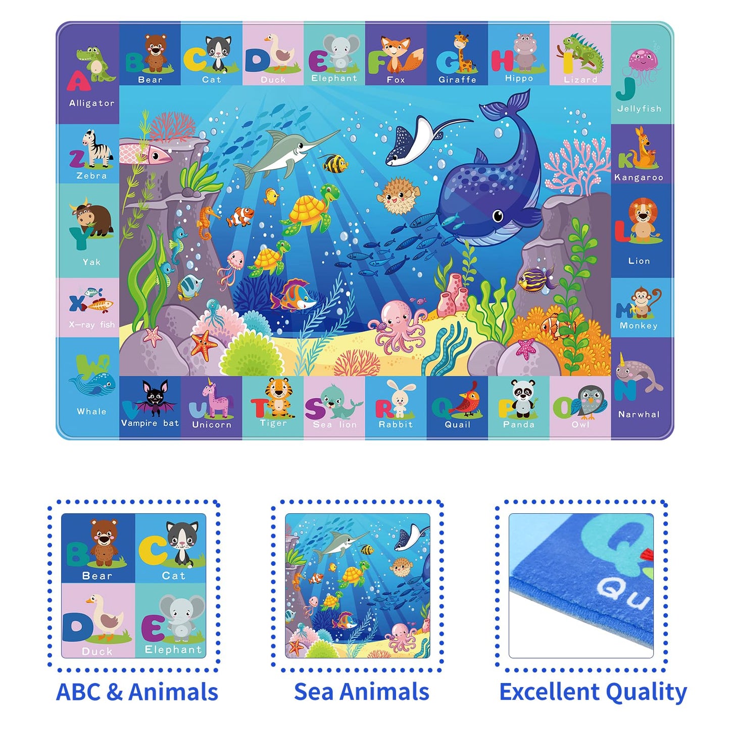 LTKOUGFAM Baby Mat for Floor-Underwater World Play Rug, ABC Kids Rugs for Playroom, Ocean Playmat Crawling Tummy Time Mat, Non-Toxic Non-Slip Foldable Mats (59X39.4 INCH)