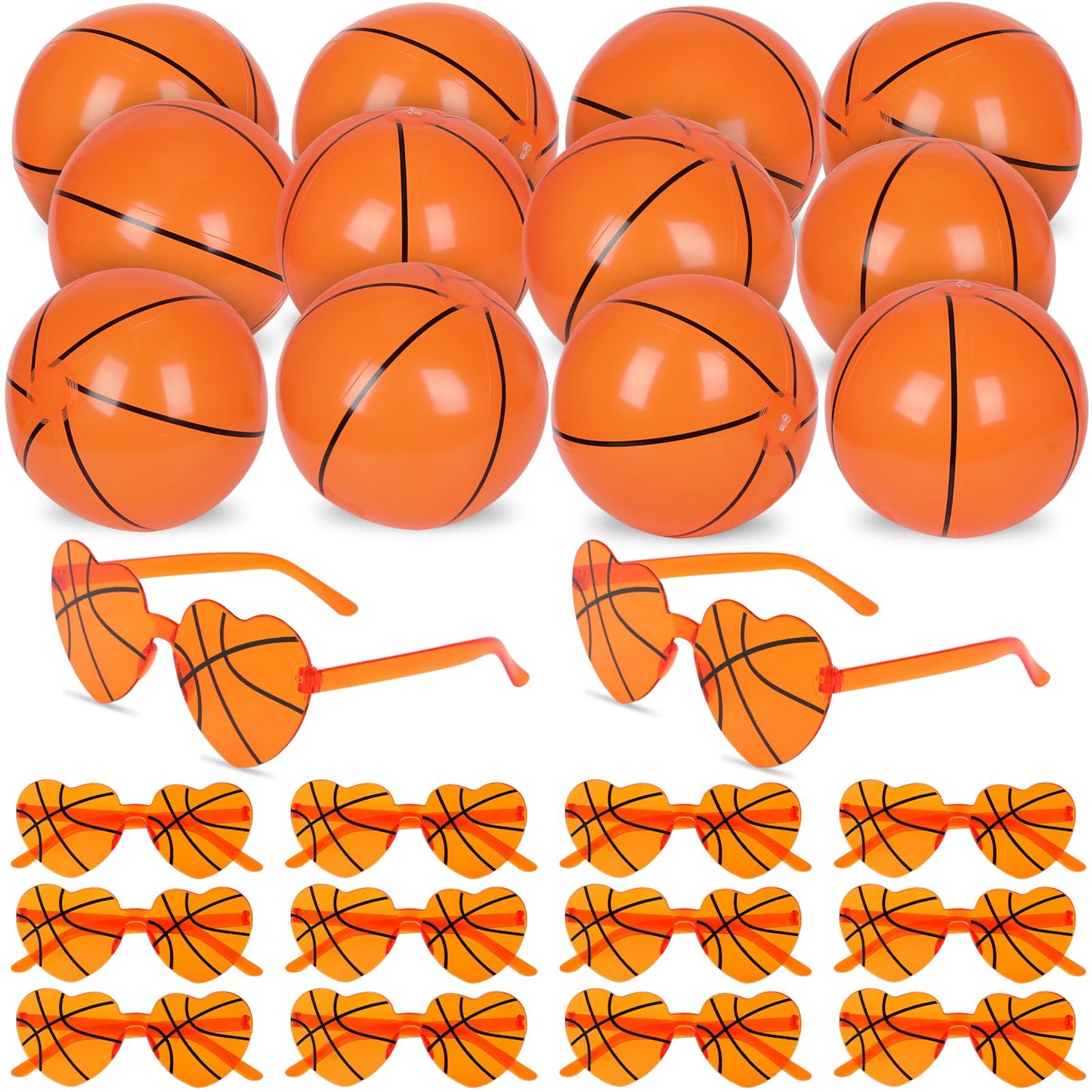 Mototo 24PCS Inflatable Basketball Beach Balls with Glasses, 16 Inch Blow up Basketball Inflatable Beach Balls Sport Plastic Glasses Bulk for Sport Birthday Senior Night Gift Summer Pool Party Favor